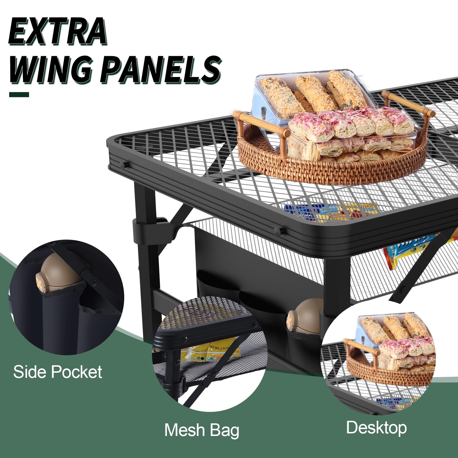 Portable Folding Camping Table 2x1.3 FT - Lightweight Outdoor Picnic Table with Mesh Desktop & Storage Bag - Perfect for BBQ, Beach, Tailgating & Backpacking (Black)