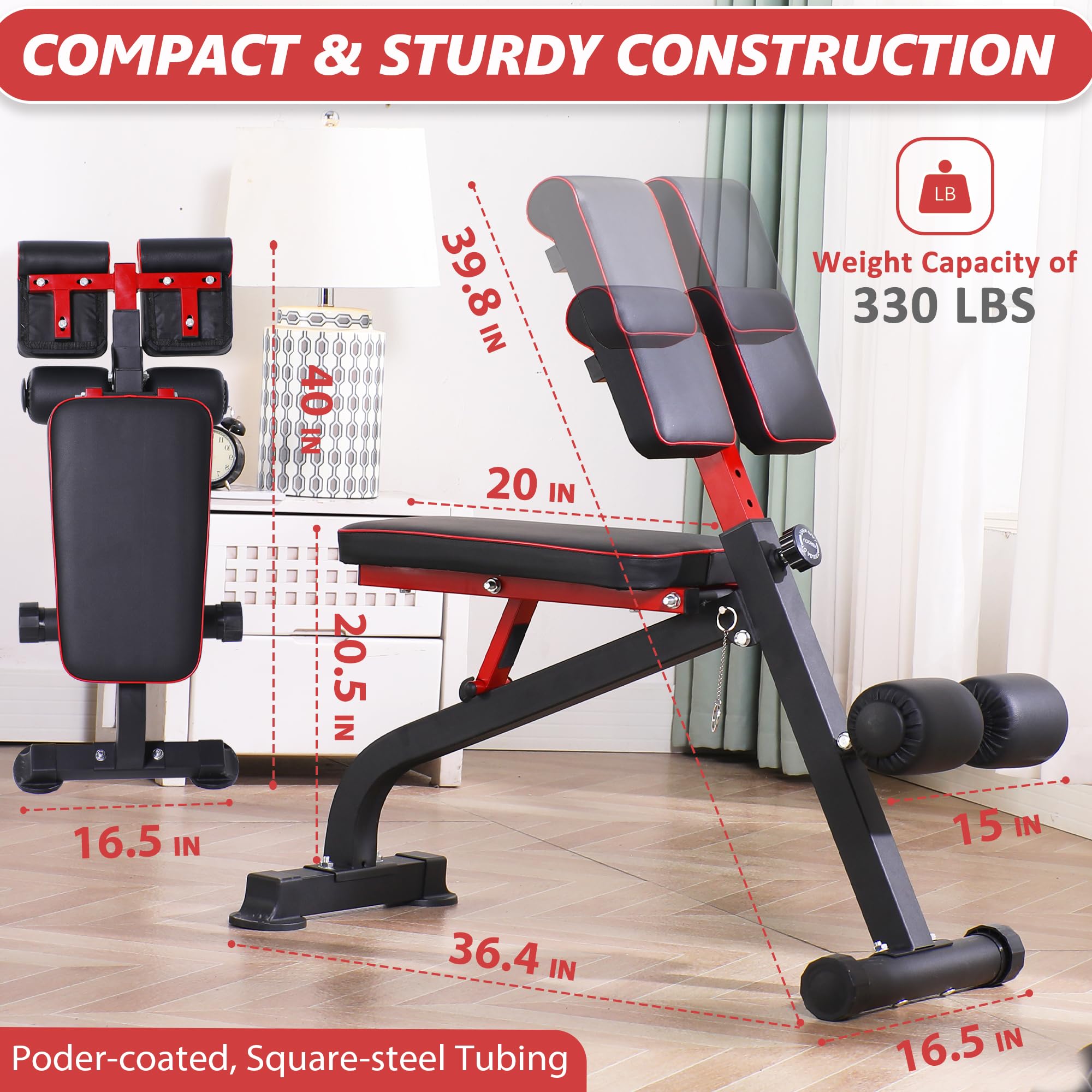 BODYRHYTHM Adjustable Weight Bench - Multi-Functional Home Gym Equipment for Strength Training, Ab Workouts & Back Exercises | Foldable Design for Small Spaces | Perfect for Full Body Workouts, Sit-Ups & Hyperextensions