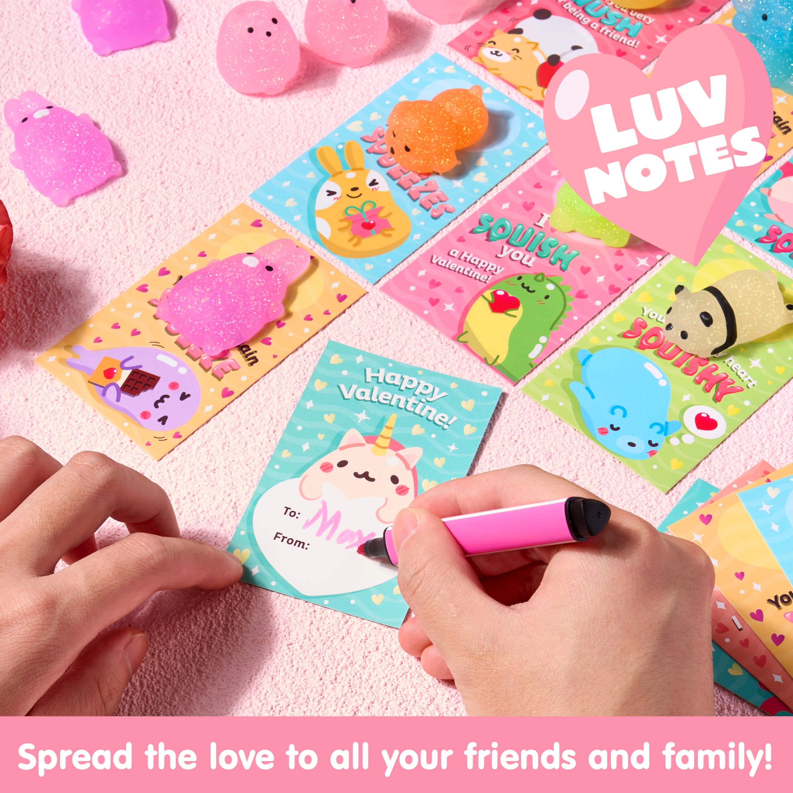 JOYIN 28 Pack Glitter Mochi Squishy Toys with Gift Cards - Stress Relief Fidget Toys for Kids, Valentine's Party Favors, Classroom Prizes & Exchange Gifts - Perfect for Birthday Parties, School Rewards and Sensory Play