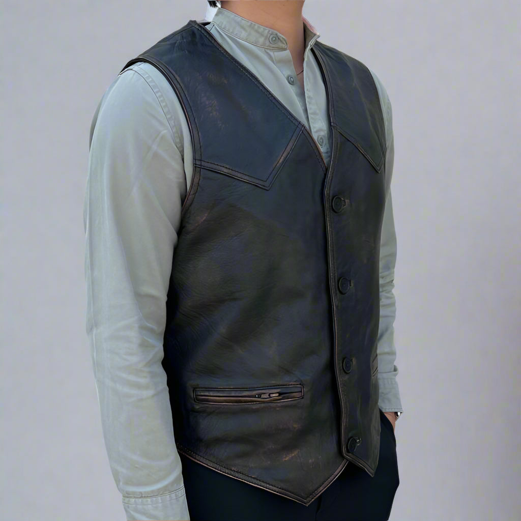 Men's Genuine Sheep Leather Ruboff Vest with Classic Button Closure & Front Pockets | Stylish Biker Jacket for Casual Wear, Motorcycle Riding & Outdoor Adventures