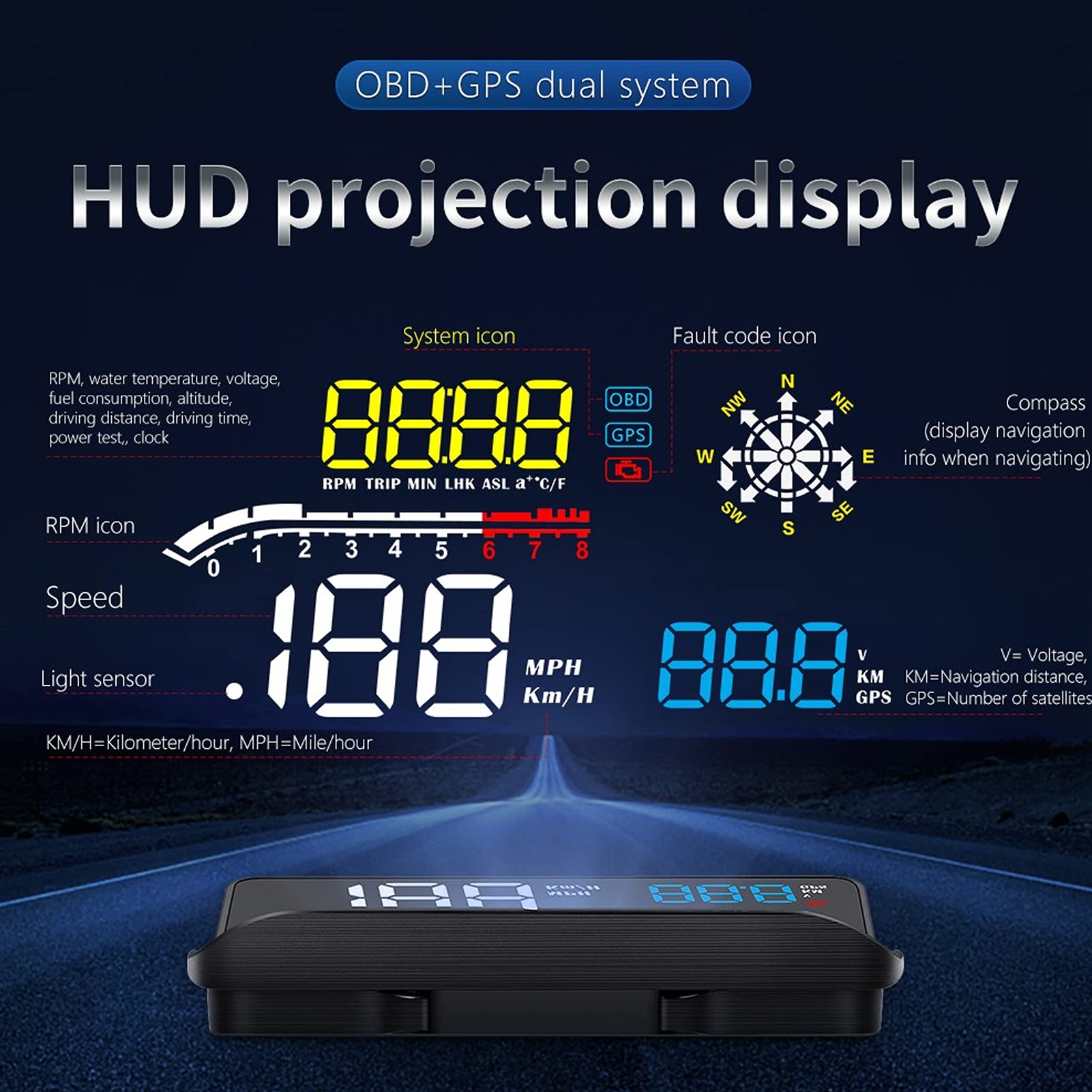 AUHX Universal Car HUD Display with Warning Icons & GPS Mode - Heads-Up Dashboard Projector for Safe Driving | Perfect for Night Driving, Long Road Trips & Navigation Assistance