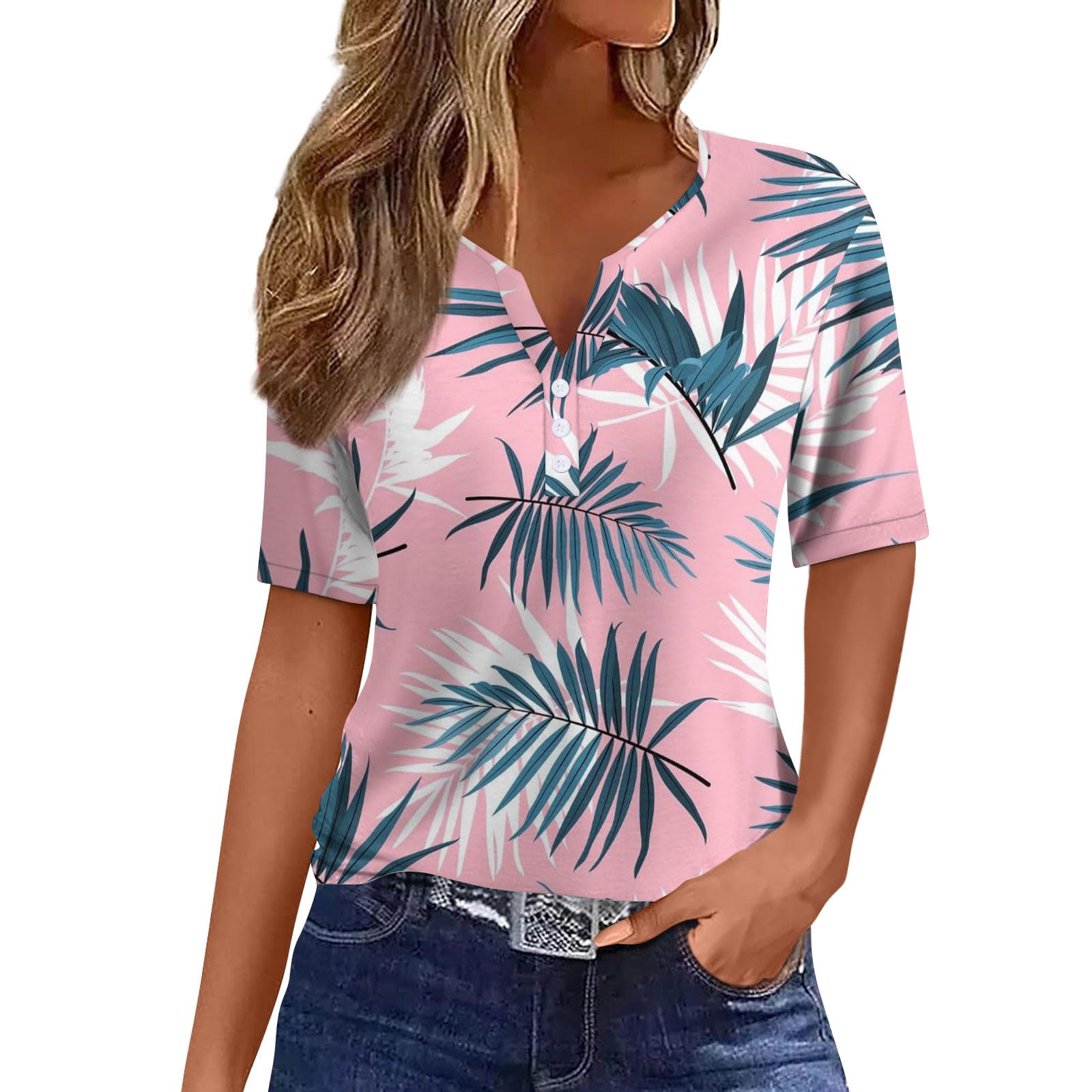 Trendy Women's Casual Square Neck Leaf Print V-Neck Short Sleeve T-Shirt with Decorative Buttons - XX-Large Pink (3-Pack) - Perfect for Summer Outings, Beach Vacations and Everyday Wear