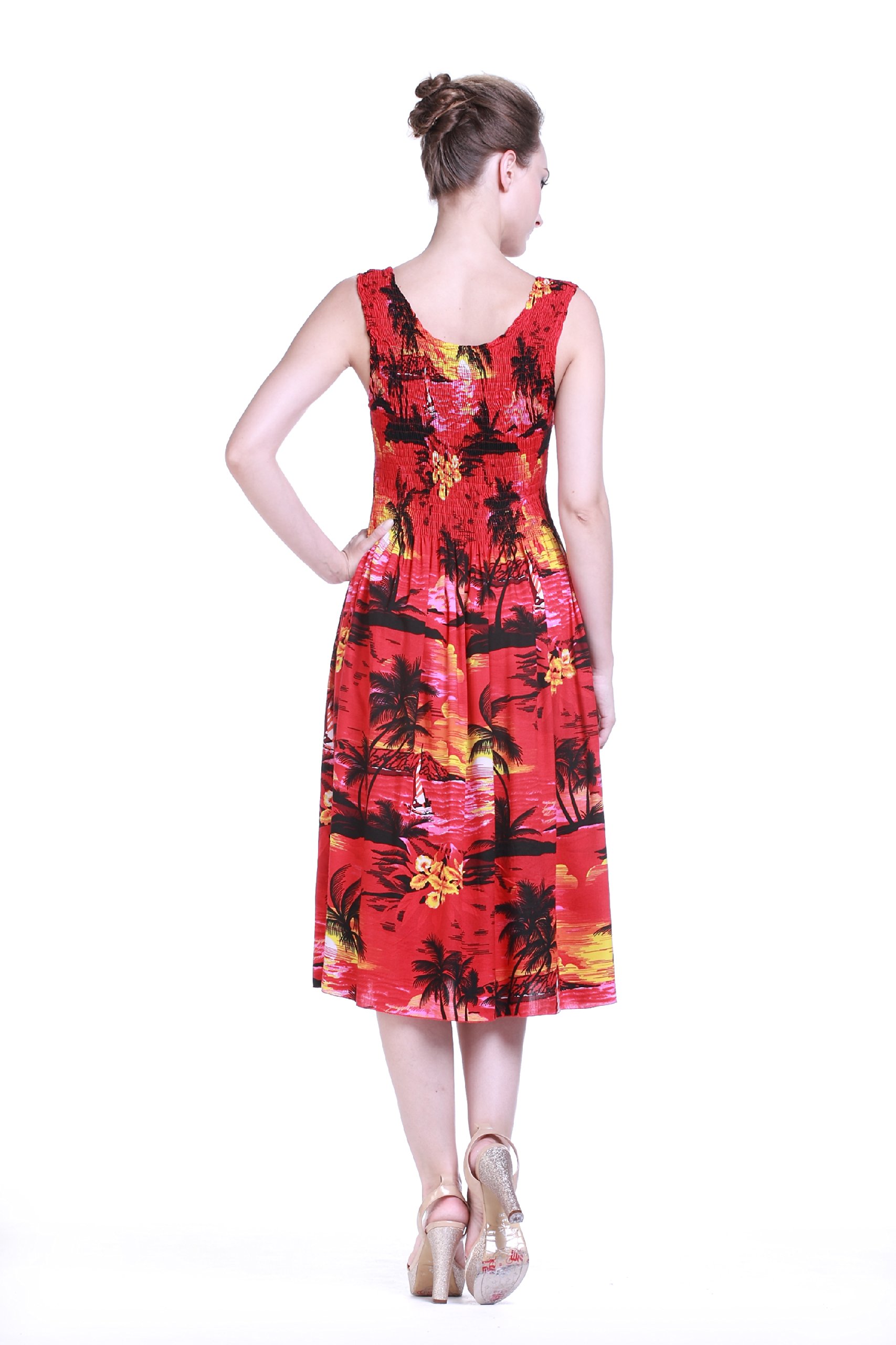 **Sunset Red Couple Matching Hawaiian Luau Aloha Shirt & Elastic Tank Dress – Tropical Vacation Outfits for Beach Parties & Summer Getaways**