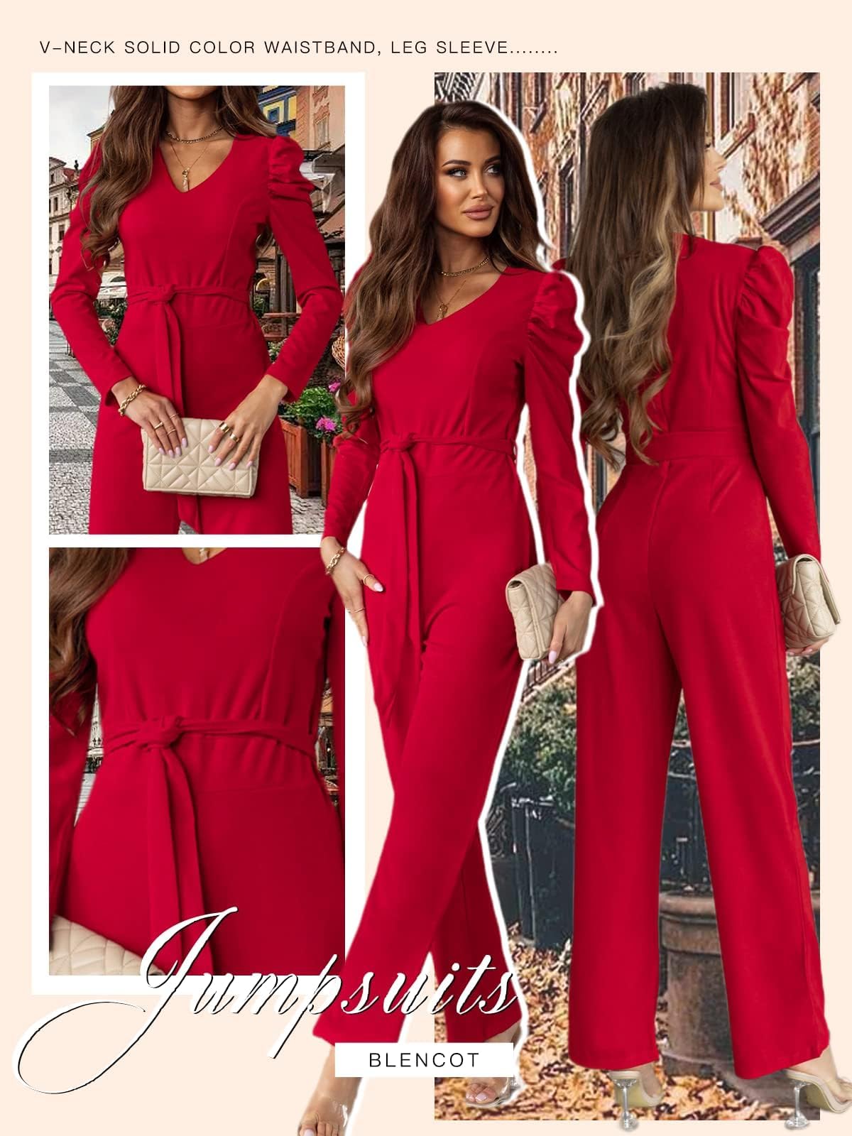 BLENCOT Women's Long Sleeve V-Neck Belted Jumpsuit - Casual to Formal Wide Leg Romper for Office, Party & Special Occasions