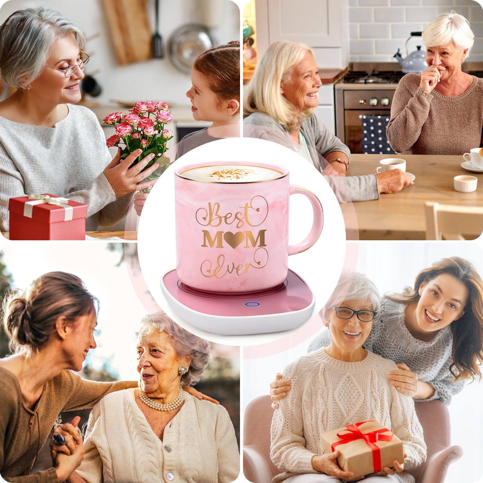 LiqCool Best Mom Ever Marbled Coffee Mug with Smart Warmer Coaster Set - 12 Oz, Gift Box, Spoon - Perfect for Birthday, Mother's Day, New Mom, Wife, Women - Ideal for Home, Office, or Relaxing Moments