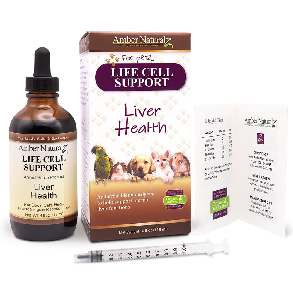 Amber NaturalZ Life Cell Support Herbal Supplement for Dogs, Cats, Birds, Guinea Pigs & Rabbits | Liver Health Support | 4oz Glass Bottle | Made in USA | Supports Detox & Vitality for Small Pets