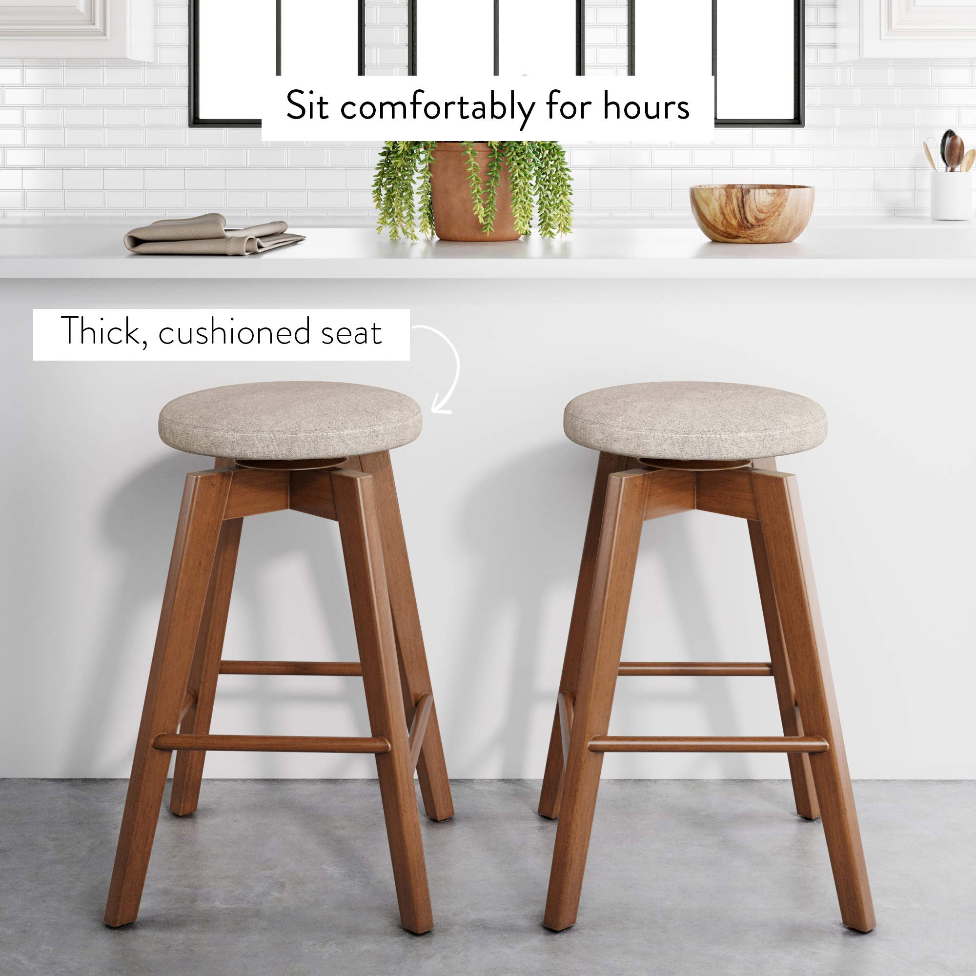 Amalia Backless Kitchen Counter Height Bar Stool - Solid Wood 360° Swivel Seat in Antique Coffee/Natural Wheat - Perfect for Breakfast Bars, Kitchen Islands & Small Spaces