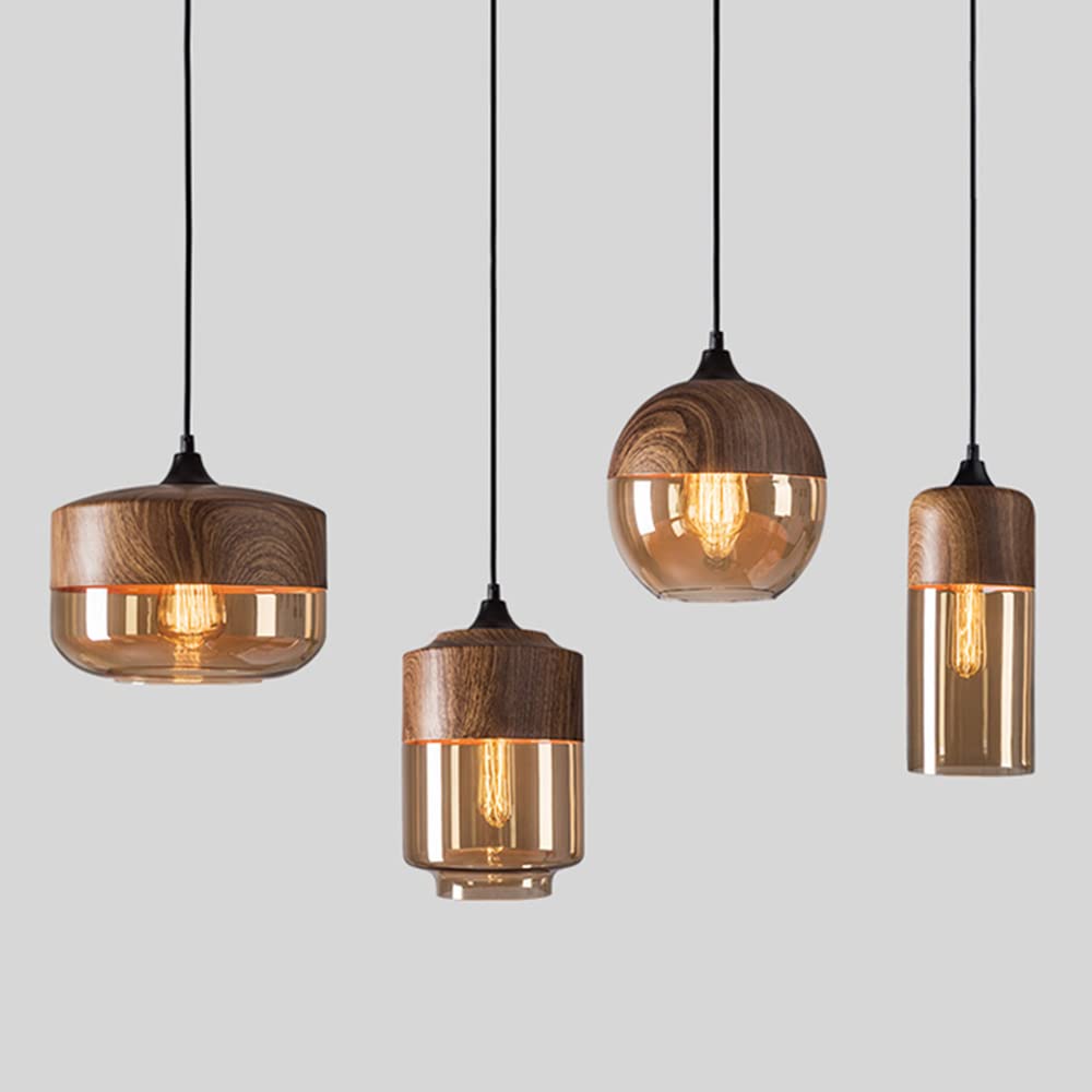 LITFAD Modern 1-Light Nordic Pendant Lamp - Walnut Wood Finish & Geometric Glass Shade - 110V-120V Hanging Ceiling Light for Cafe, Kitchen Island, Dining Room & Living Room Decor