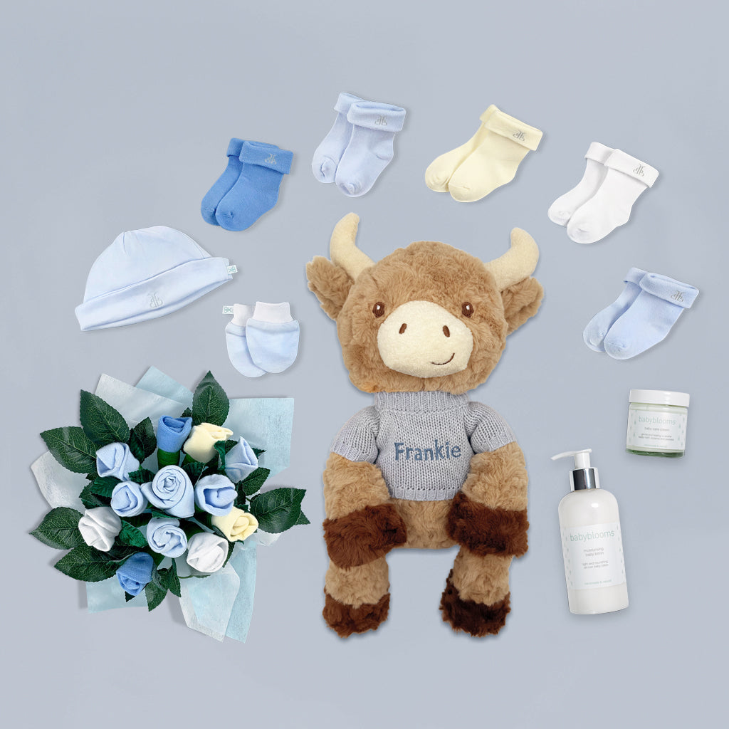 Personalized Harriet Highland Cow Welcome Baby Gift Basket - Blue | Newborn Baby Shower Gift, Nursery Decor, Unique Baby Present for Boys & Girls