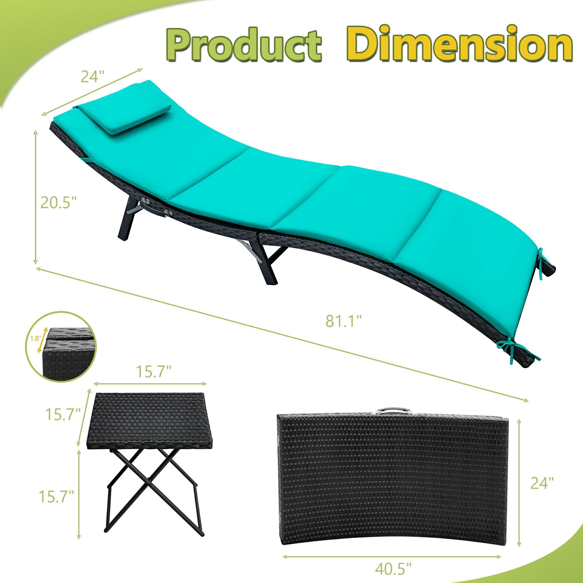 Flamaker 3-Piece Outdoor Chaise Lounge Set with Cushions - Modern PE Wicker Rattan Patio Furniture, Non-Adjustable Backrest & Folding Table (Blue) - Perfect for Poolside Relaxation, Backyard Lounging & Sunbathing