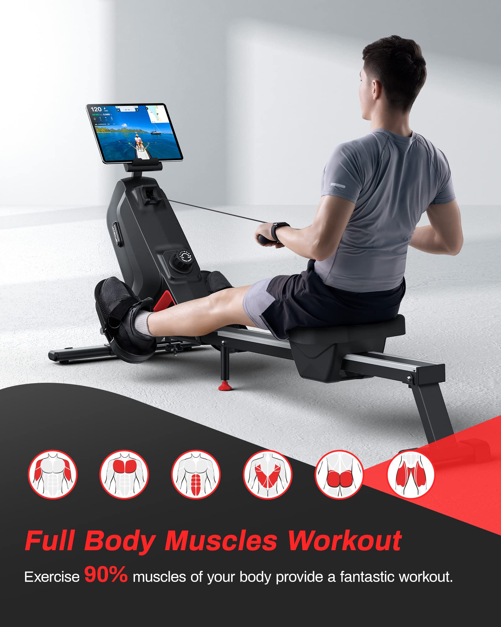 UTRYUP Magnetic Water Rowing Machine for Home Gym - 350 lbs Weight Capacity, 16 Resistance Levels, Quiet Foldable Design with Bluetooth Connectivity & App Support - Perfect for Small Spaces, Cardio Workouts & Full-Body Training (Includes Tablet Holder)