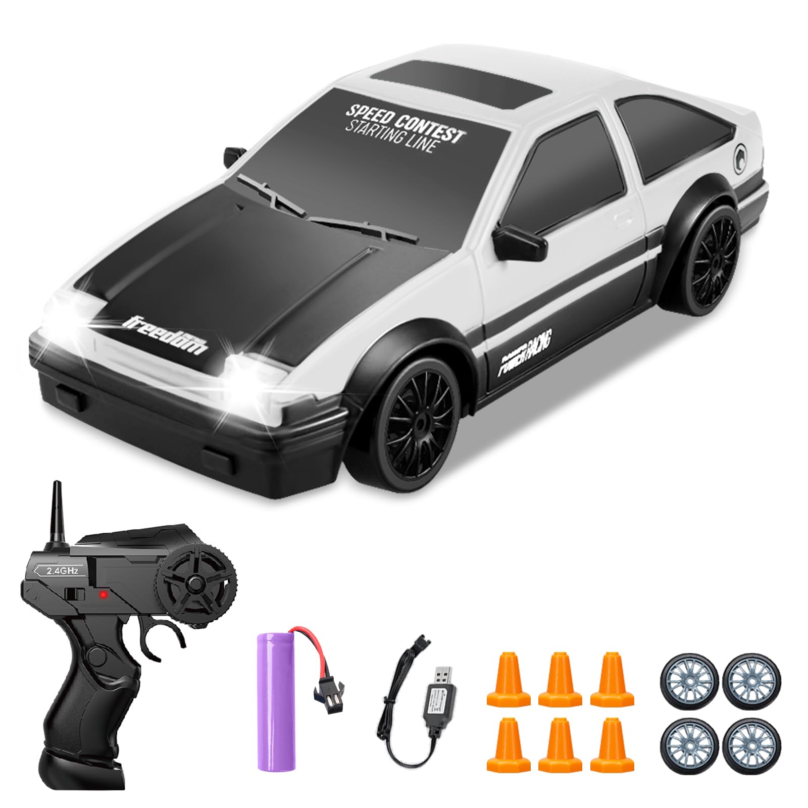 1/24 Scale 2.4GHz 4WD High-Speed Remote Control Drift Racing Car with Cool LED Lights, Rechargeable Battery & Extra Tires - Perfect RC Toy for Kids & Adults - Great for Indoor/Outdoor Drifting, Racing & Stunt Shows (White)