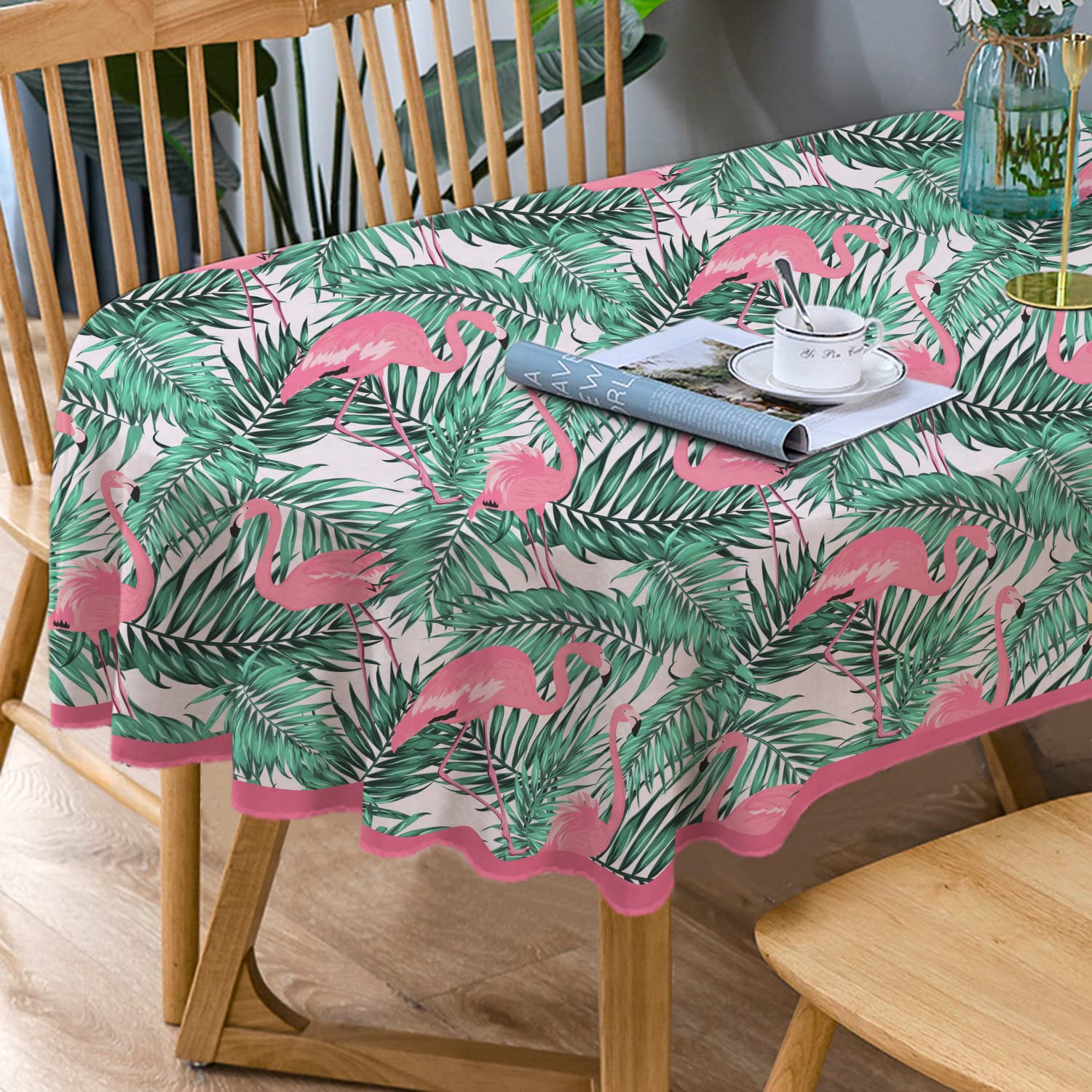 Bnejvif Flamingo Oval Tablecloth - Pink Floral Waterproof Wrinkle-Free Table Cover for 60x84 Inch Oval Tables | Perfect for Summer Parties, Outdoor Dining & Picnics