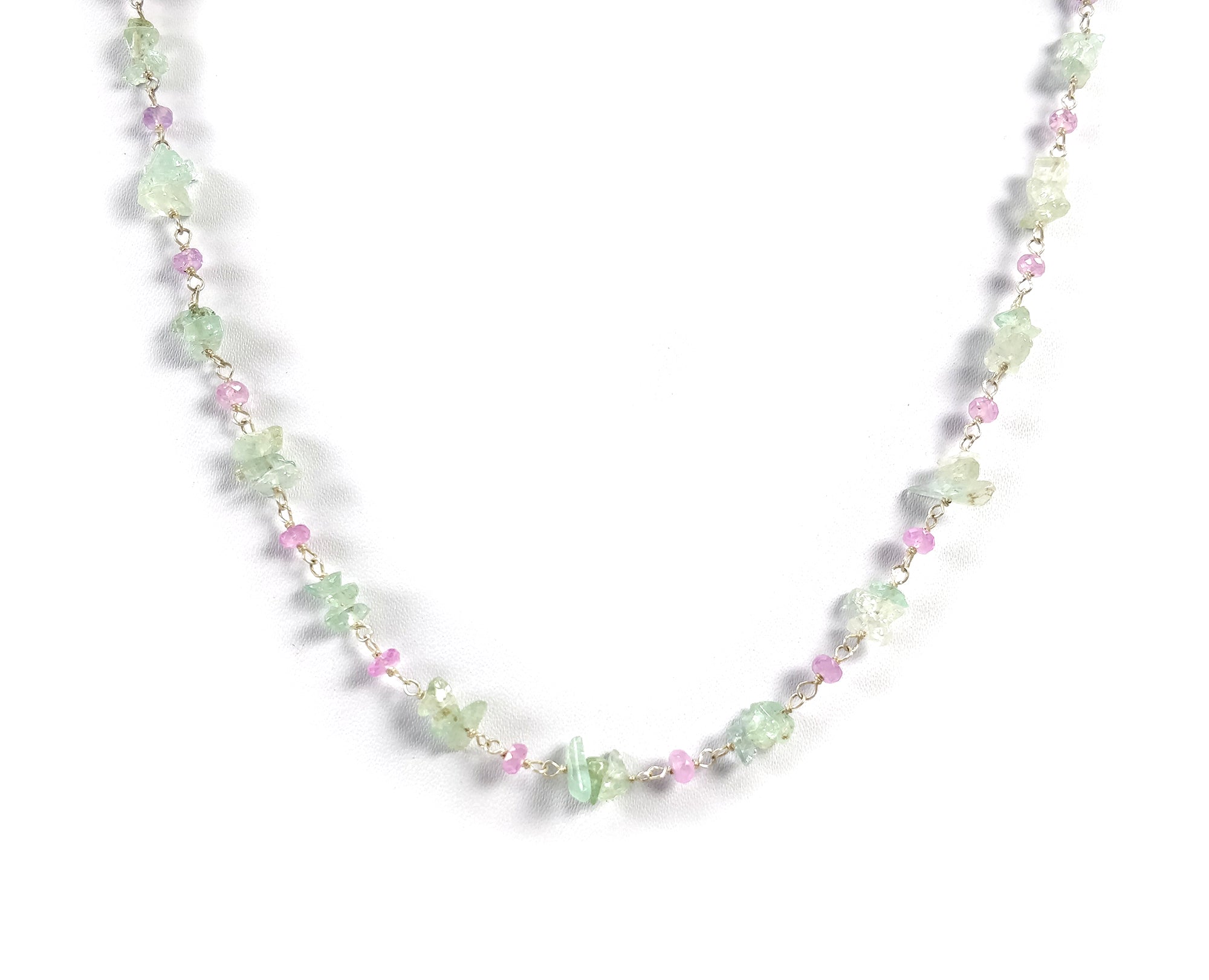 925 Sterling Silver Emerald & Pink Sapphire Gemstone Beaded Chain Necklace – Natural Uncut 18