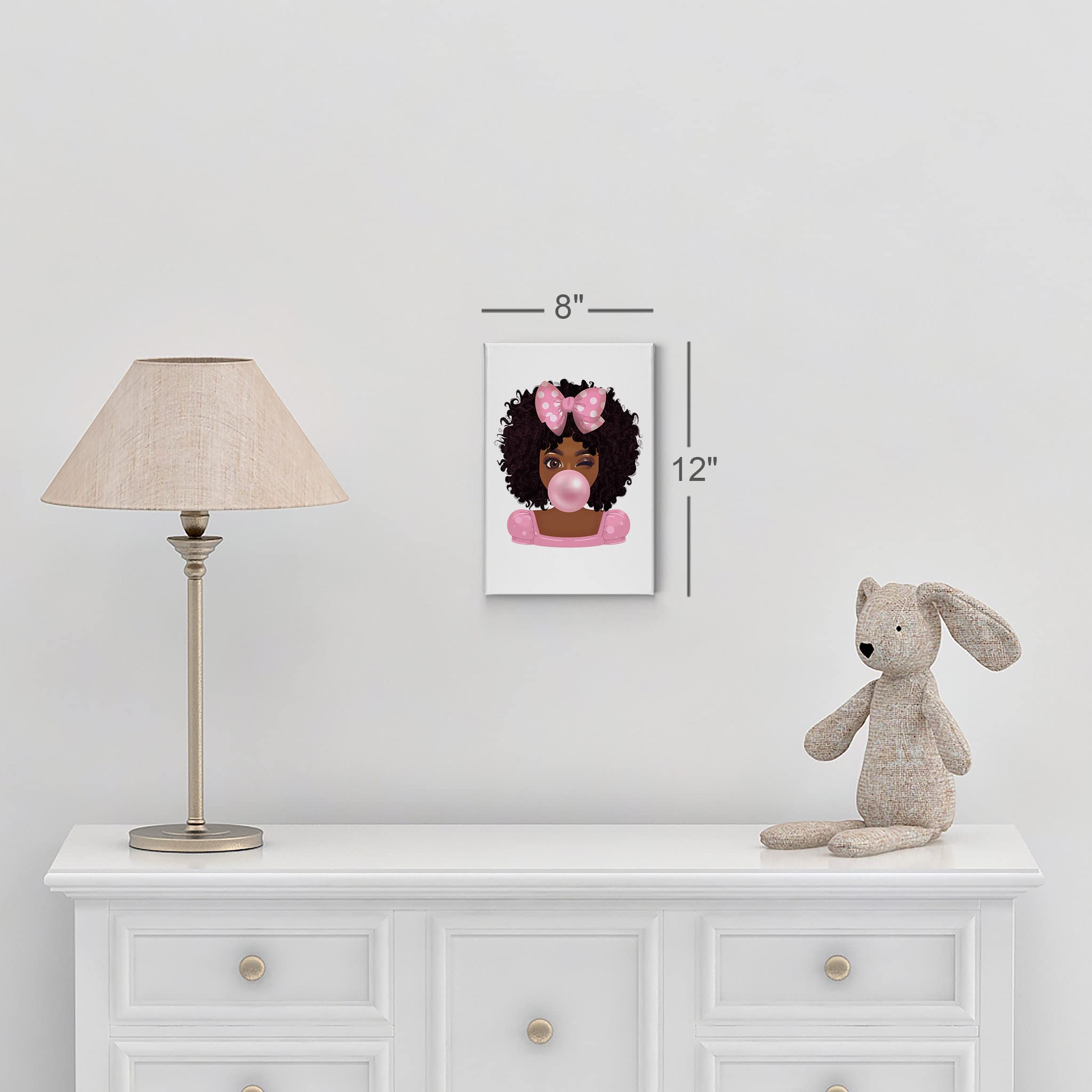 SmileArtDesign Twinkled Cute African Girl Pink Bubble Gum Canvas Wall Art Print - Afro Baby Nursery Decor with Dotted Ribbon Bow - Ready to Hang 40x30 Inch - Made in USA - Perfect for Kids' Room, Bedroom & Home Decoration