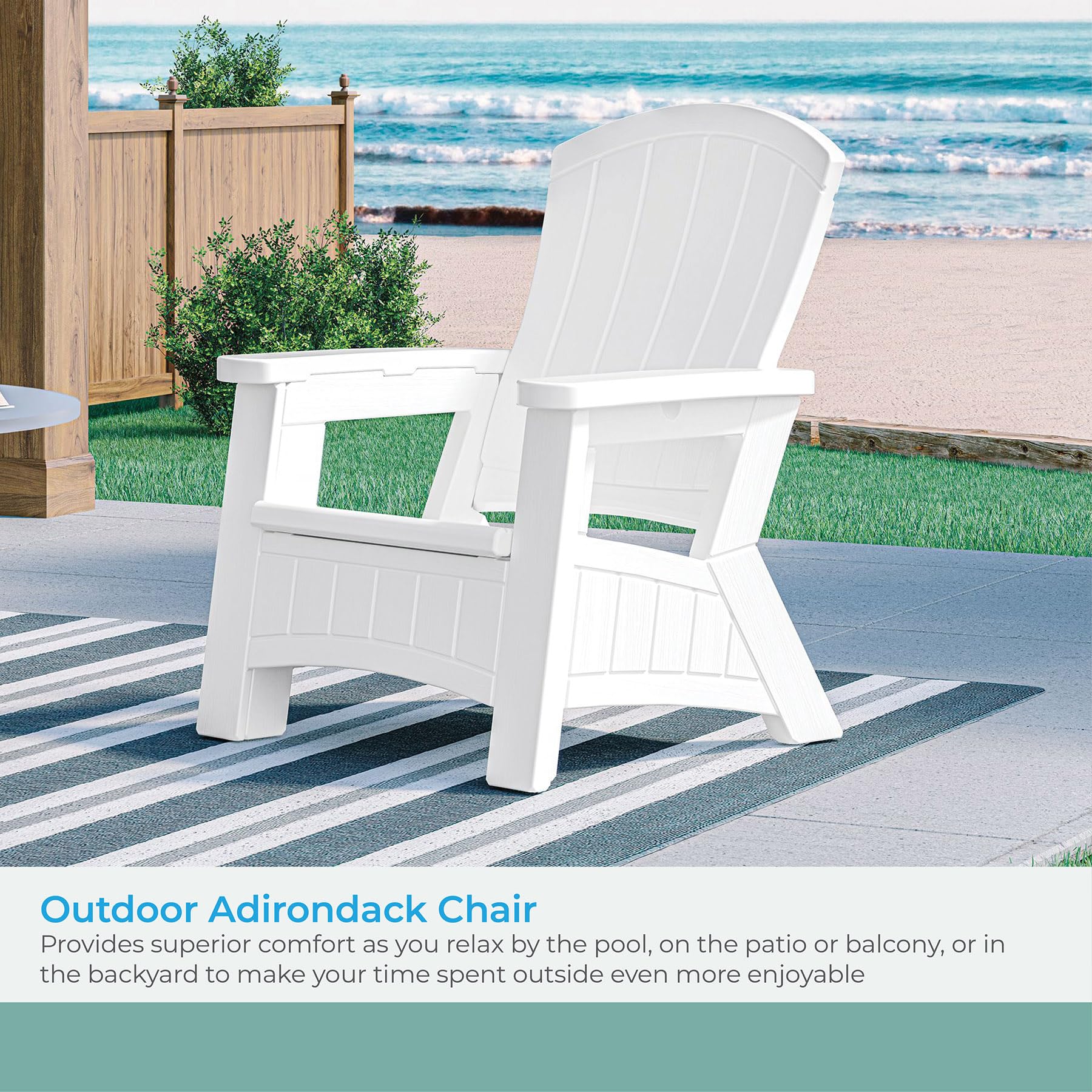 Suncast UV-Resistant White Adirondack Patio Chair with Built-in Seat Storage - Durable Outdoor Furniture for Backyard, Garden, Poolside & Deck Relaxation