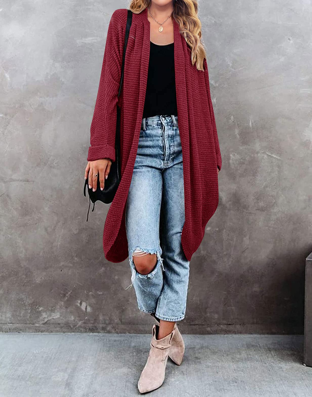 MEROKEETY Women's 2025 Fall Waffle Knit Batwing Long Sleeve Cardigan - Loose Open Front Sweater Coat for Casual Outfits & Layering in Cool Weather