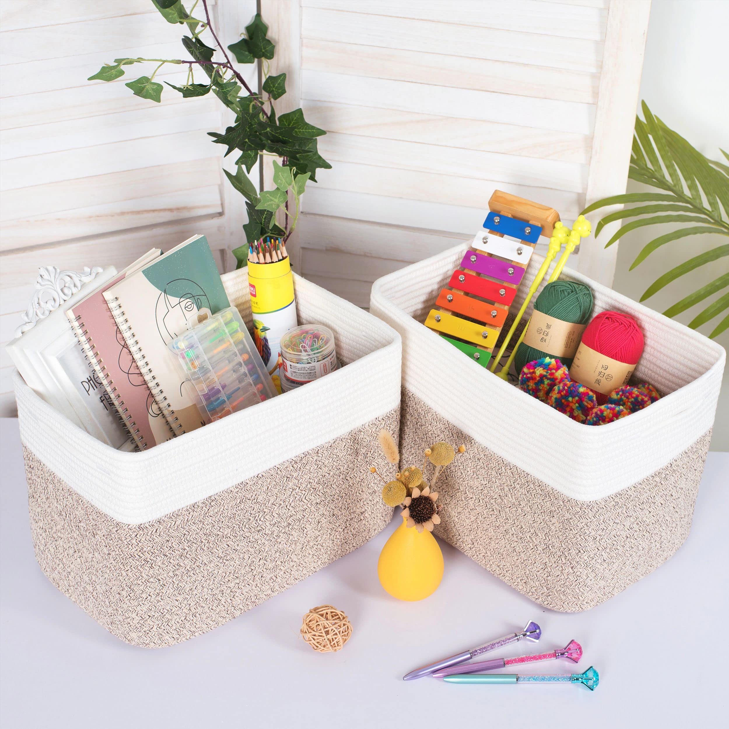 MINTWOOD 3-Pack Woven Storage Baskets - Light Brown Decorative Cube Bins for Shelves, Playroom, Classroom & Nursery Organization | Perfect for Kids' Toys, Books & Closet Storage