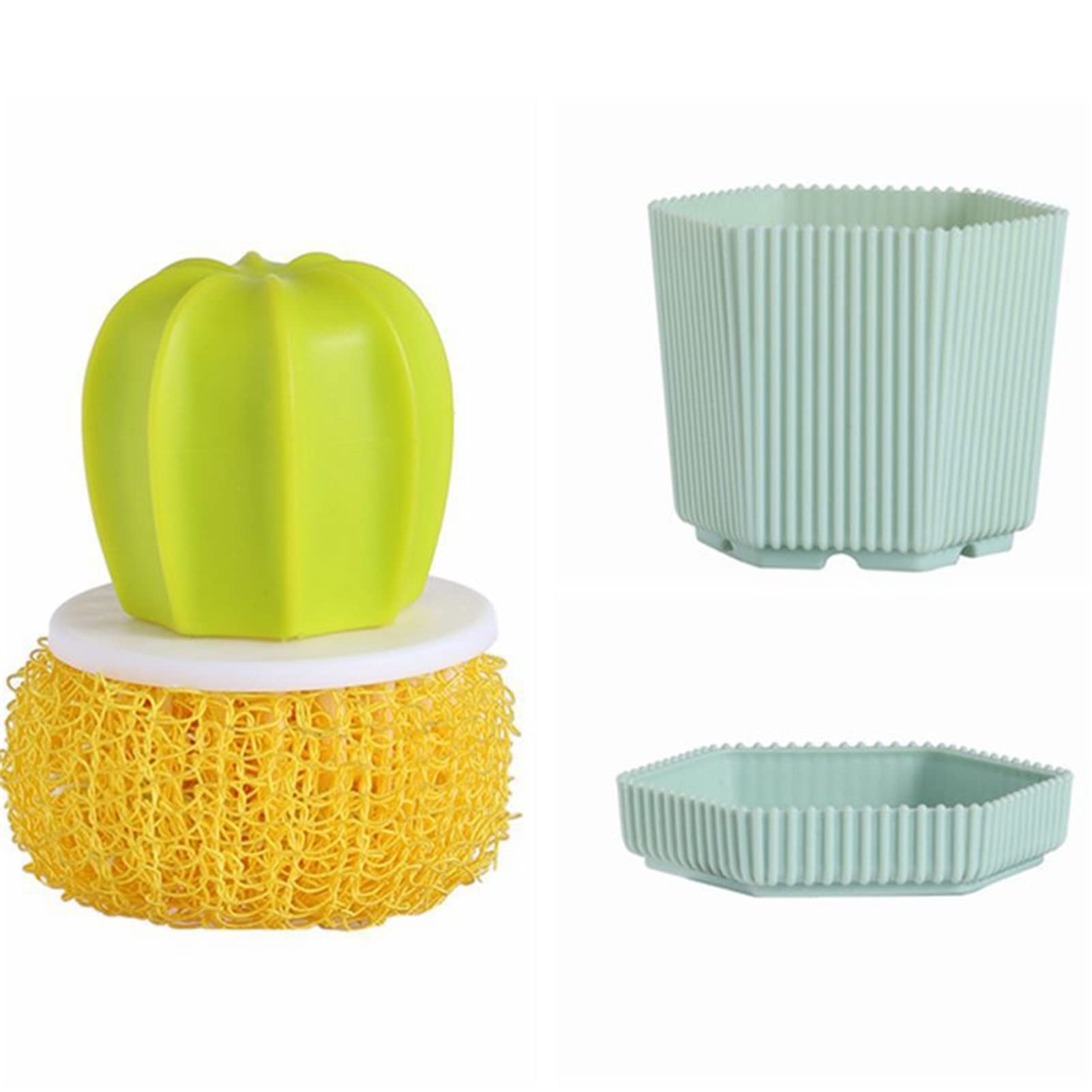Cactus-Shaped Cleaning Brush for Pots & Pans - Durable Wire Ball Scrubber with Sponge Holder - Yellow Kitchen Sink Dishwashing Brush for Easy Cleaning | Perfect for Non-Stick Cookware & Stainless Steel Sinks