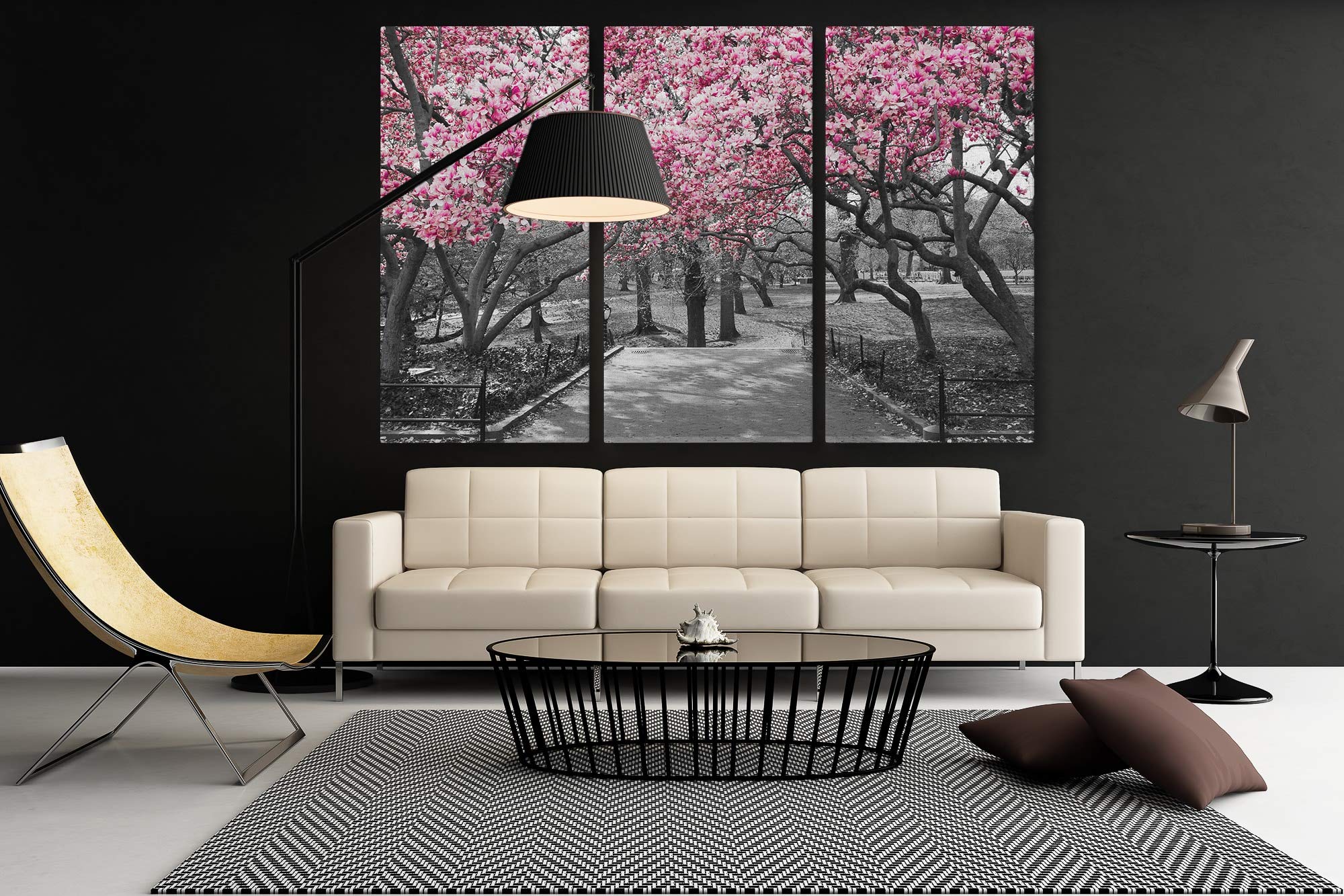 Blaze Canvas Black & White Wall Art with Pink Blossoms - 3 Piece Medium Size Canvas Prints for Living Room, Bedroom & Office Decor