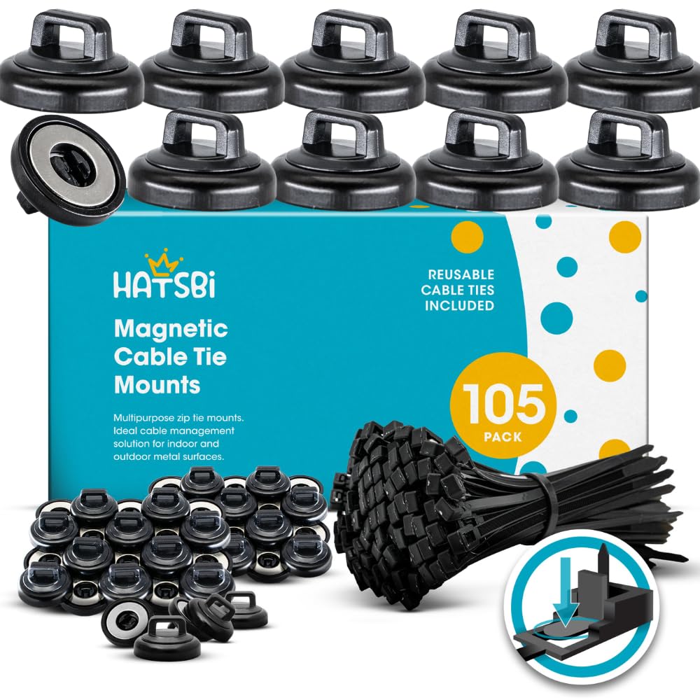 HATSBI 105-Pack Magnetic Cable Zip Tie Mounts with Neodymium Magnets - Includes 105 Black Cable Ties for Secure Cable Management - Perfect for Home, Office, and Workshop Organization (Black)