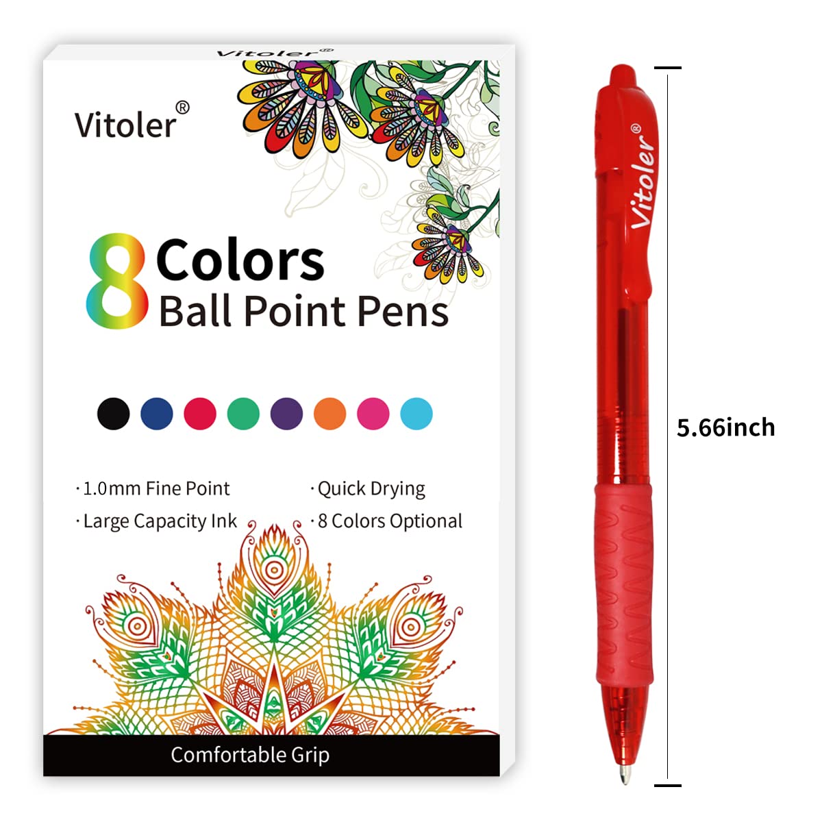 Vitoler 8 Pack Retractable Ballpoint Pens - 1.0mm Fine Point Colored Pens for Smooth Writing | Ideal for School, Office, Journaling, Note Taking & Planning (Kids, Nurses, Adults) | Premium Office & School Supplies