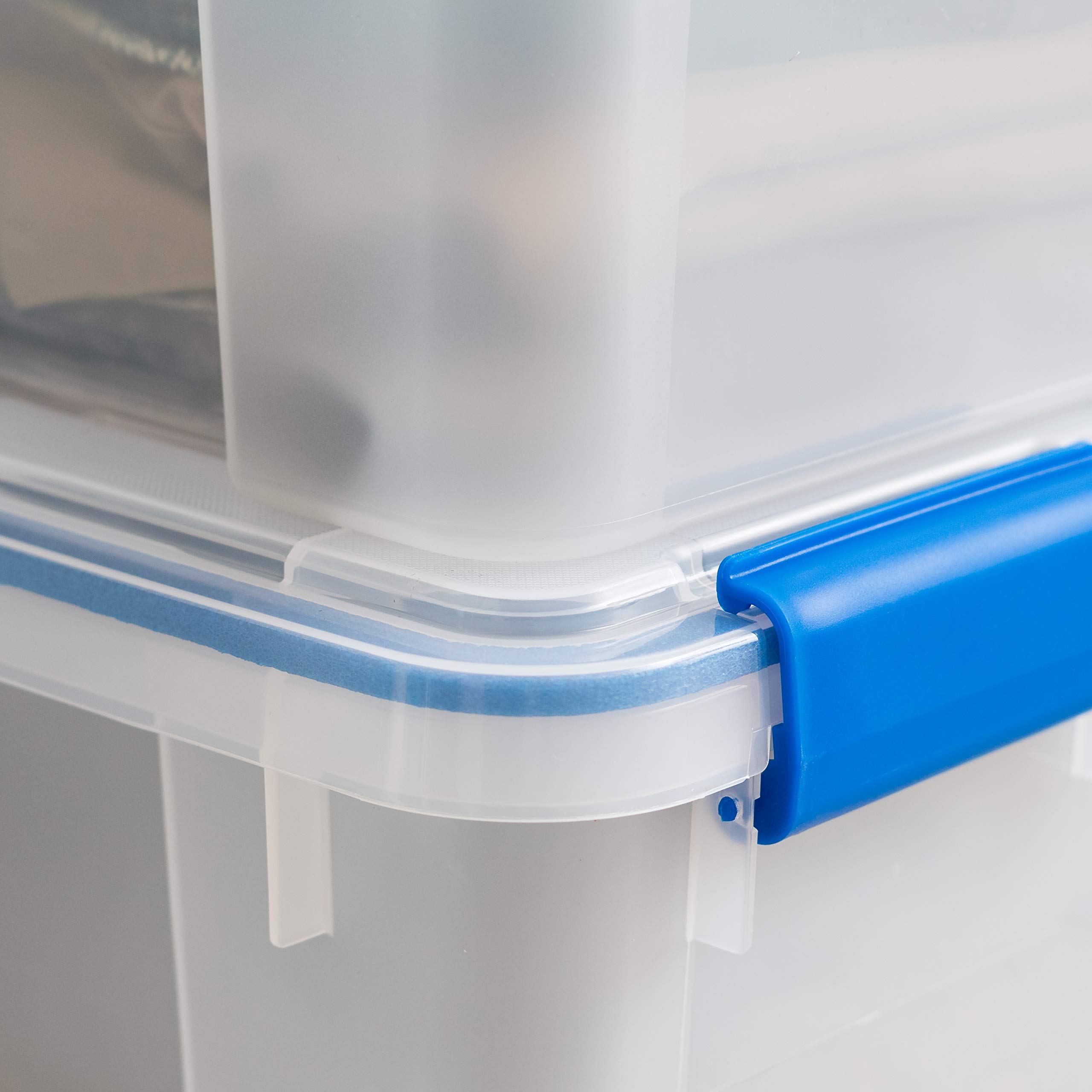 IRIS USA WeatherPro 60 Qt Storage Bins with Lids, 3-Pack BPA-Free Plastic Gasket Box - Airtight Seal, Stackable & Nestable Tote Tubs in Clear/Blue - Perfect for Home Organization, Garage Storage & Seasonal Clothes