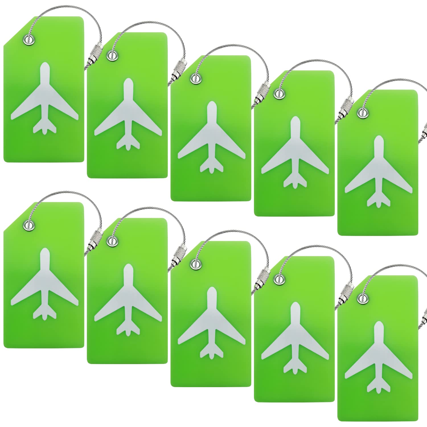 Durable Silicone Luggage Tags (10-Pack, Green) with Privacy Cover & Stainless Steel Wire Loops - Personalized Travel Bag Tags for Suitcases, Backpacks & Carry-Ons - Waterproof Name Labels for Airport Security & Easy Identification
