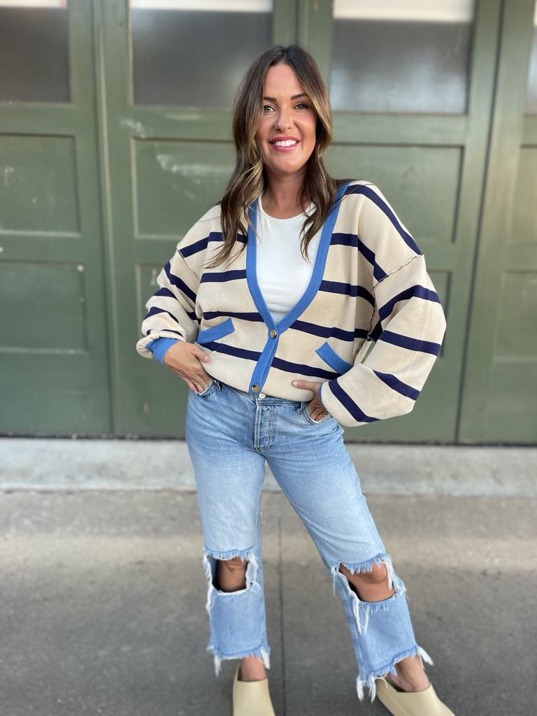 PREORDER: Navy Stripe Contrast Trim Cardigan | Women's Knit Sweater | Perfect for Office Wear & Casual Outfits