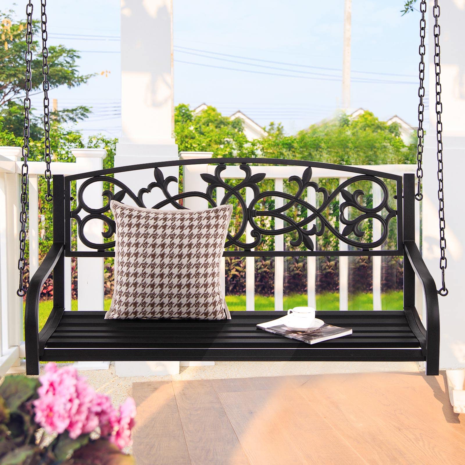 Tangkula 2-Person Outdoor Porch Swing with Chains - Classic Metal Patio Swing Bench with Backrest & Armrests, Floral Design Garden Swing Chair for Deck, Backyard, Porch (Brown) - Perfect for Relaxing, Reading & Enjoying Nature