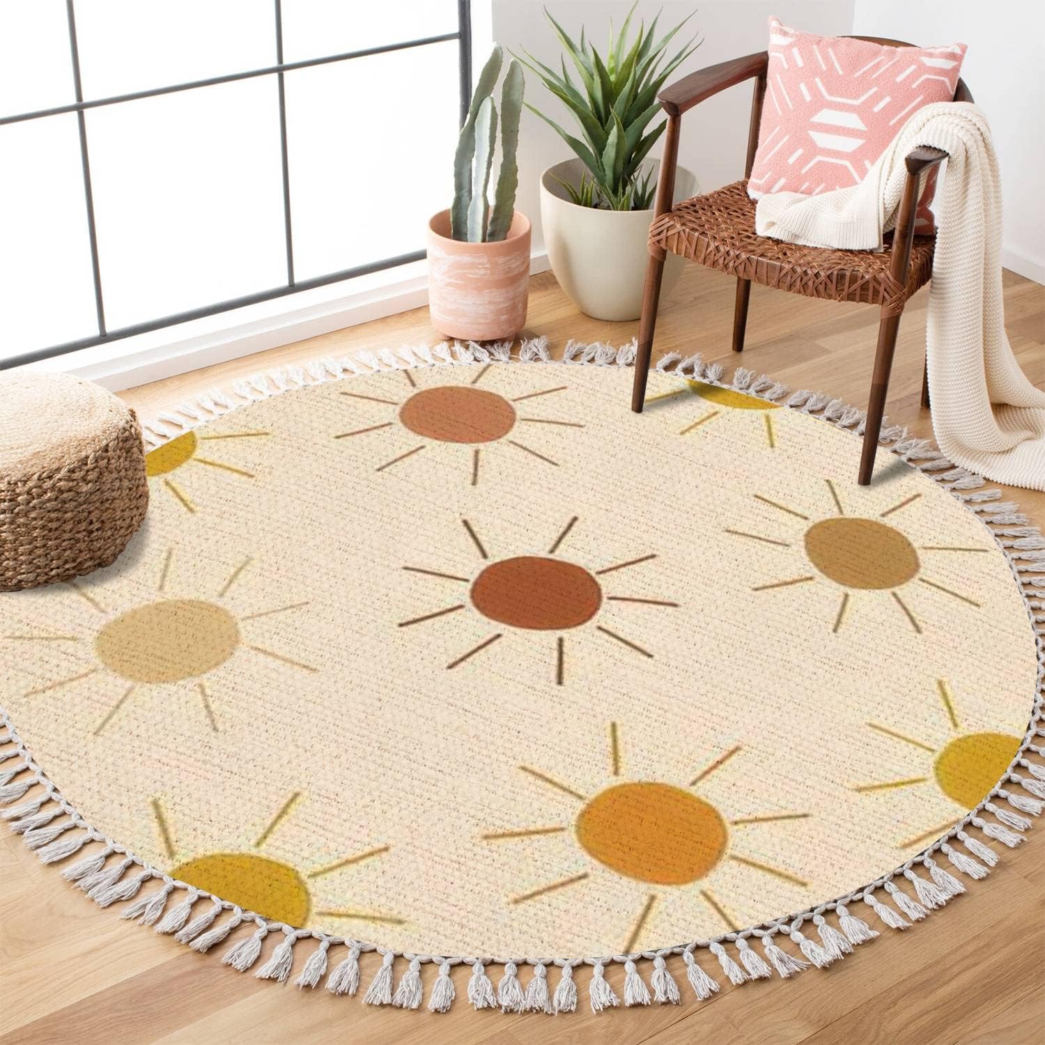Boho Round Area Rug with Sun and Dots Print - Earthy Warm Trendy Linen Carpet for Living Room, Patio, Hallway - Minimalist Home Decor for Summer and Outdoor Use