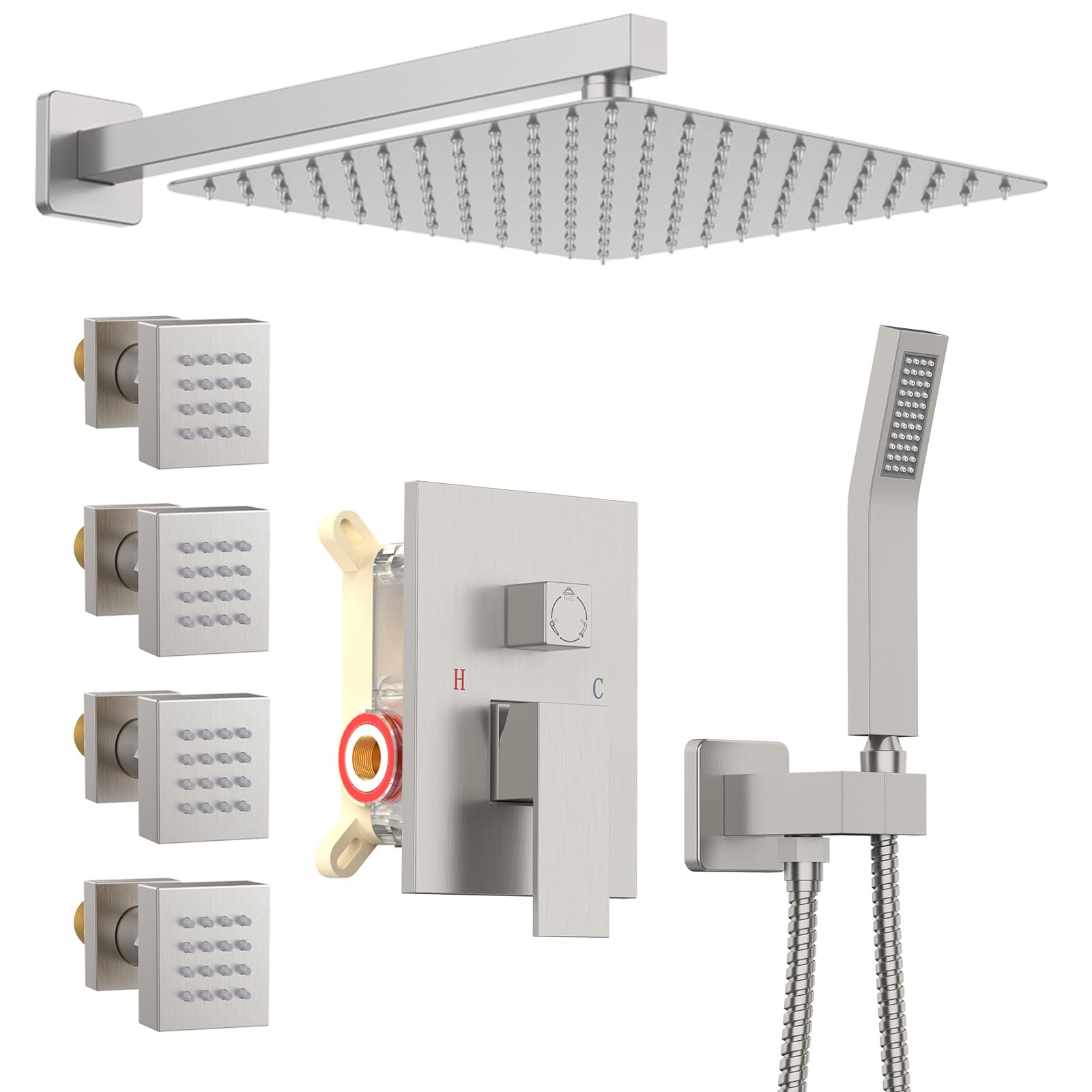 12 Inch Rain Shower System with Body Jets - Powerful Rainfall Shower Head & Handheld Spray - Brushed Nickel Concealed Shower Faucet Set - Perfect for Spa-Like Bathroom Experience & Luxury Home Renovation