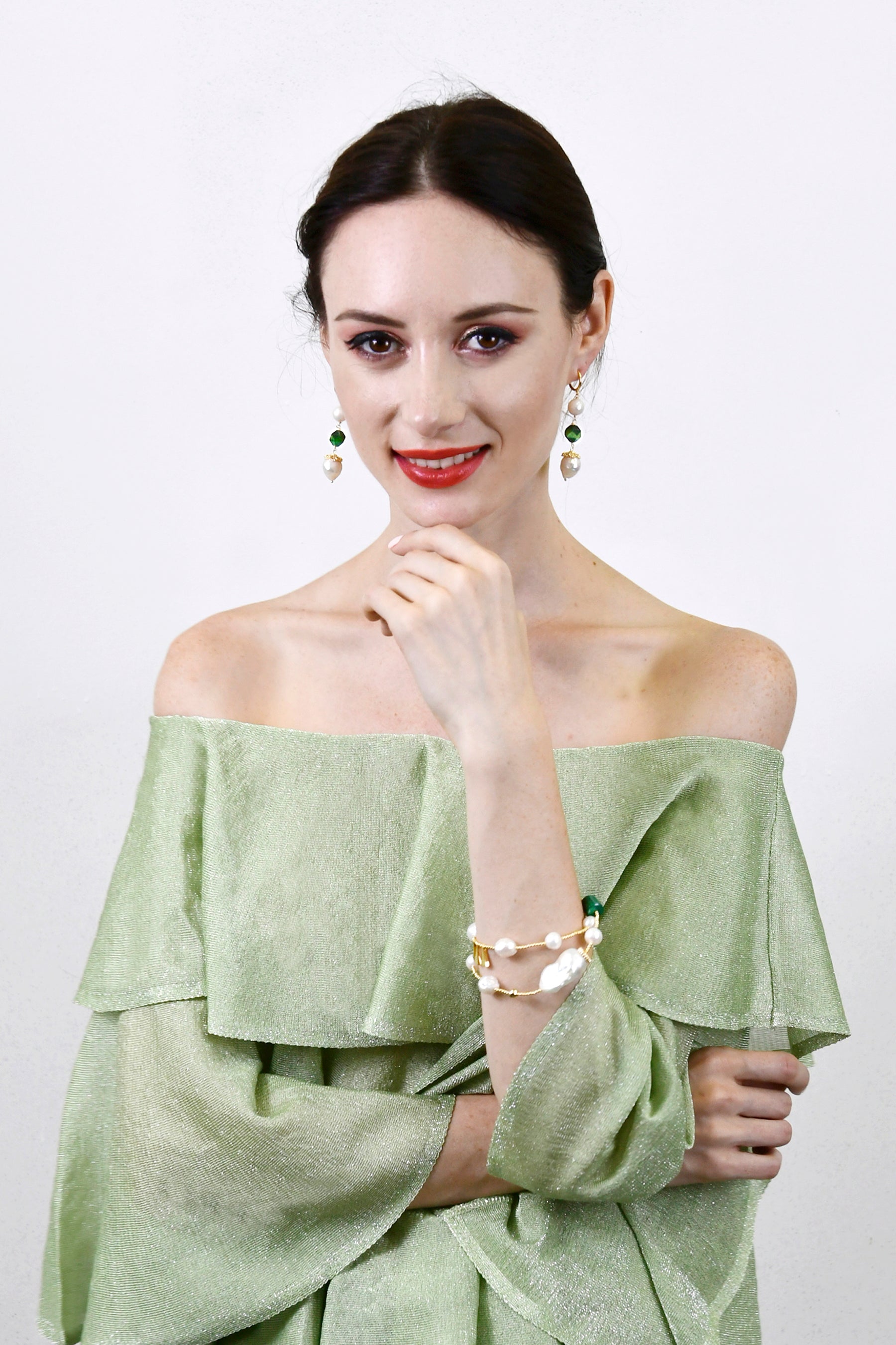 Green Tiger Eye & Freshwater Pearl Clip-On Dangle Earrings AE031 – Elegant Jewelry for Women, Perfect for Parties, Weddings & Special Occasions
