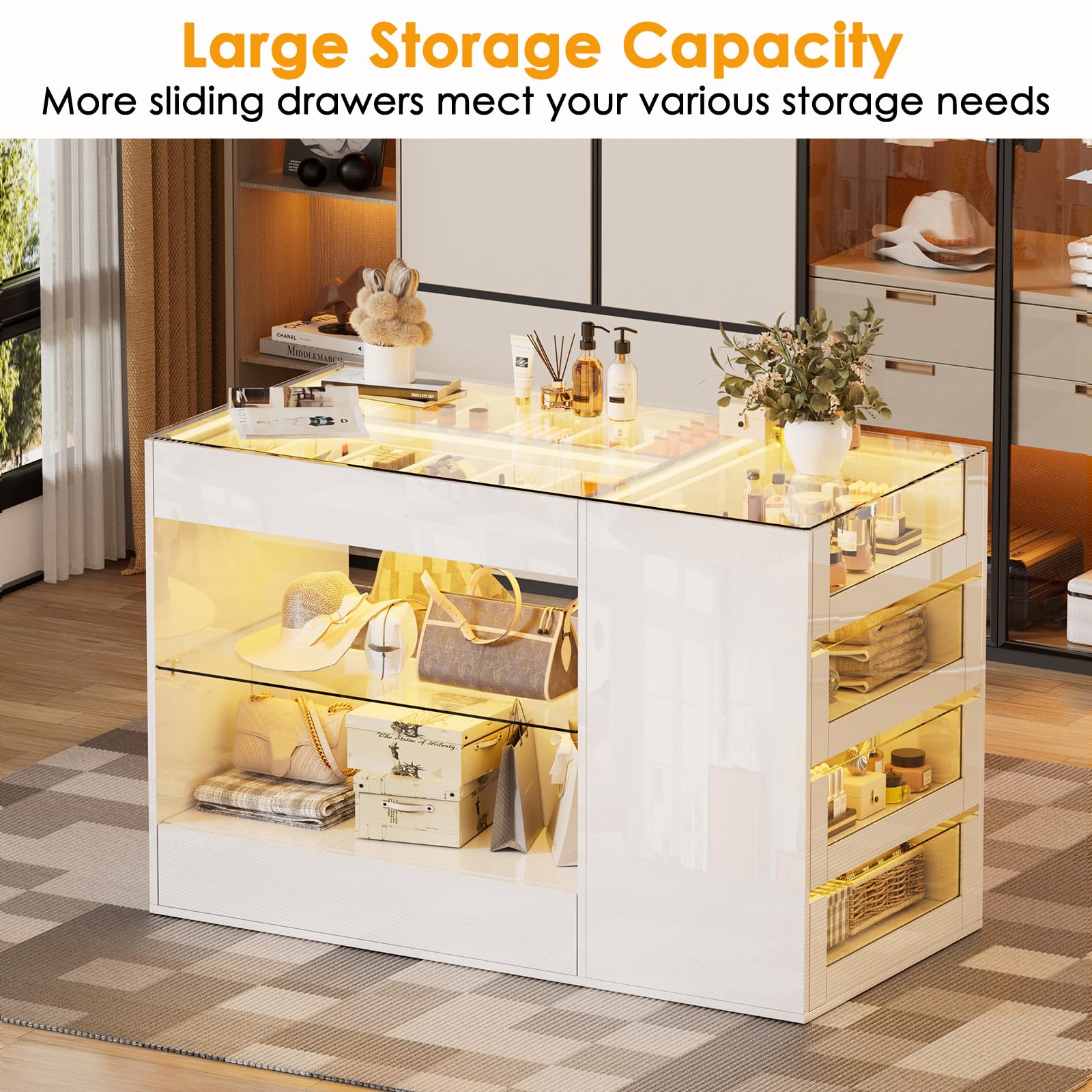 PAKASEPT Modern Closet Island with Drawers - Glossy White Wardrobe Armoire with LED Lights & Glass Tabletop - Bedroom Storage Organizer for Makeup, Jewelry & Clothes - Perfect for Dressing Rooms, Walk-in Closets & Bedroom Organization