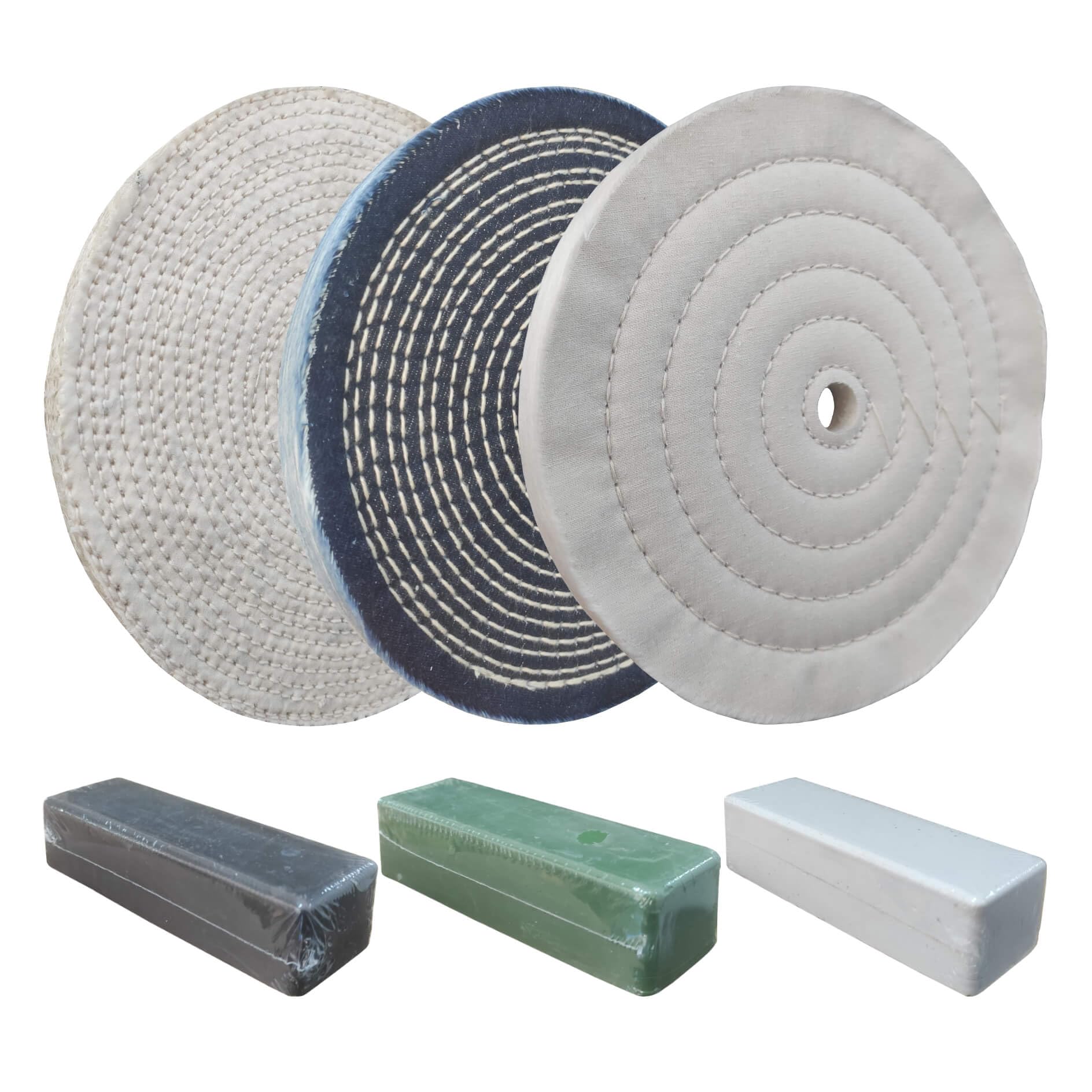 6PC 8 Inch Stainless Steel Polishing Buffing Wheel Kit for Bench Grinder - Includes Sisal, Denim & Cotton Wheels + Black/Green/White Polishing Compounds (100g Each) - Perfect for Metal Polishing, Jewelry Making & Automotive Detailing