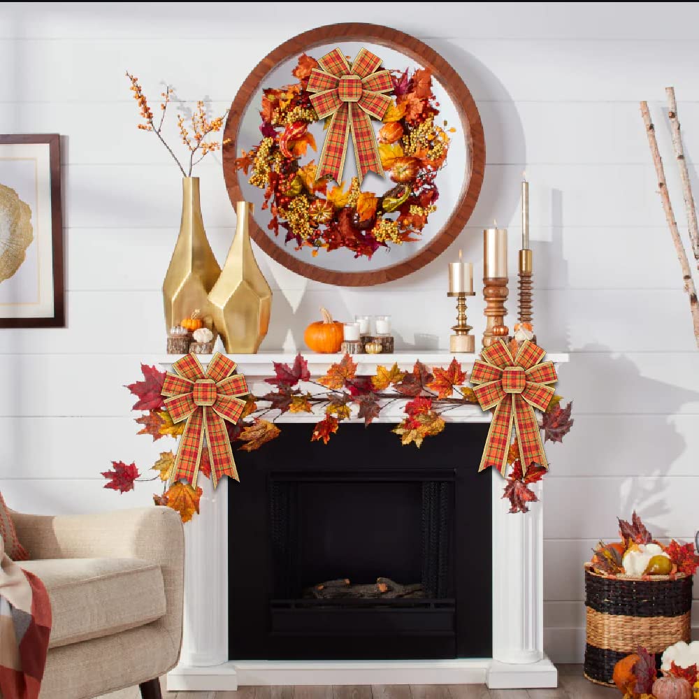 2 Pack Fall Wreath Bows - Red Orange Buffalo Plaid Thanksgiving Bows with Burlap Trim for Autumn Door Decor, Holiday Home Decorations | Perfect for Front Door, Mantel & Thanksgiving Table Centerpieces