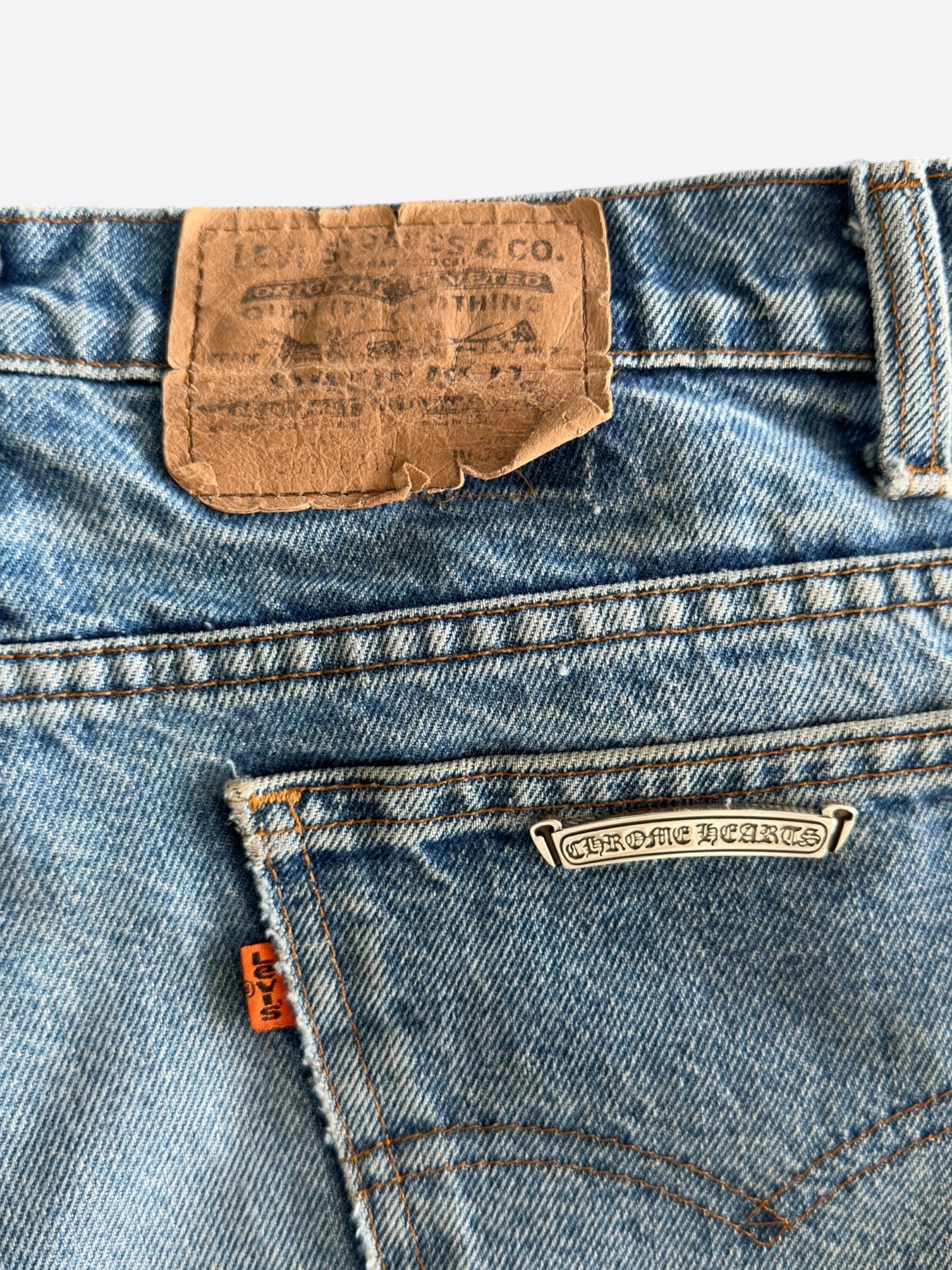 Chrome Hearts x Levi's Blue & Black Cross Patch Denim Jeans for Men - Stylish Vintage Streetwear for Casual Outfits & Night Out