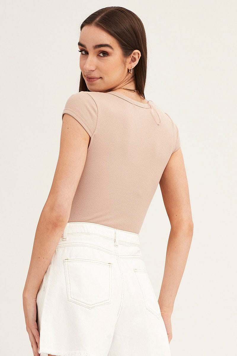 Beige Ribbed Short Sleeve Bodysuit with Snap Buttons - Perfect for Layering, Casual Outfits & Everyday Comfort