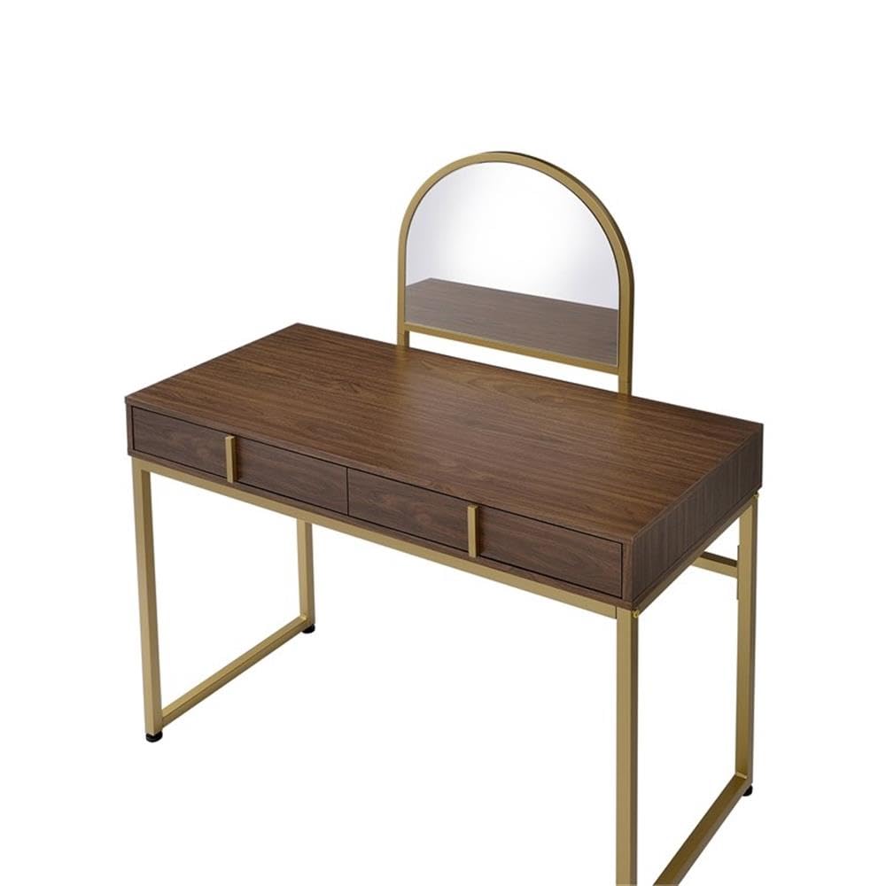 Acme Coleen Vanity Desk - Walnut & Gold Finish Modern Dressing Table with Mirror | Perfect for Bedroom Makeup & Skincare Routine