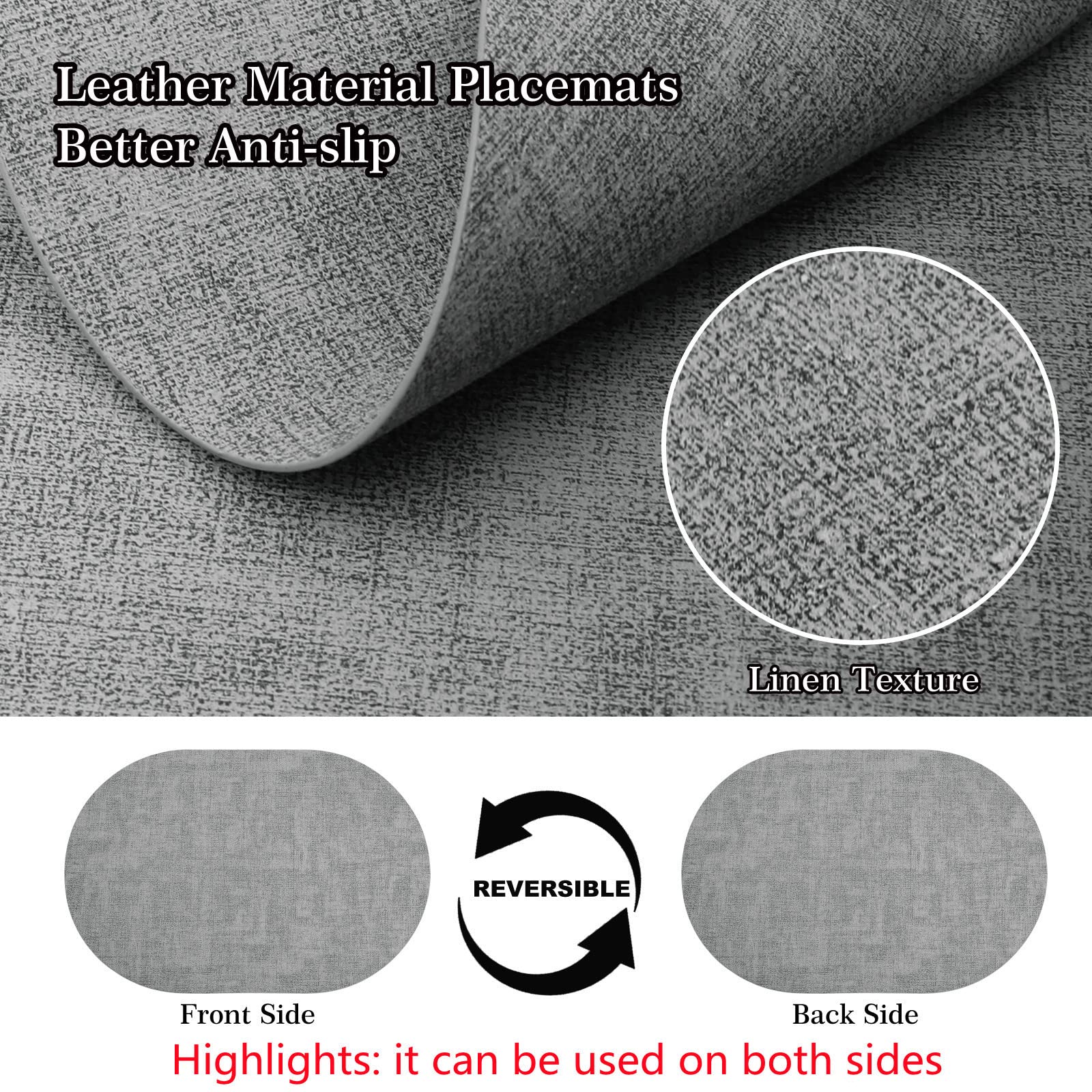 ANUNU Set of 6 Double-Sided Faux Leather Placemats - Heat Resistant, Waterproof, Non-Slip Dining Table Mats for Kitchen & Restaurant Use (Grey) - Perfect for Everyday Meals, Dinner Parties & Holiday Gatherings