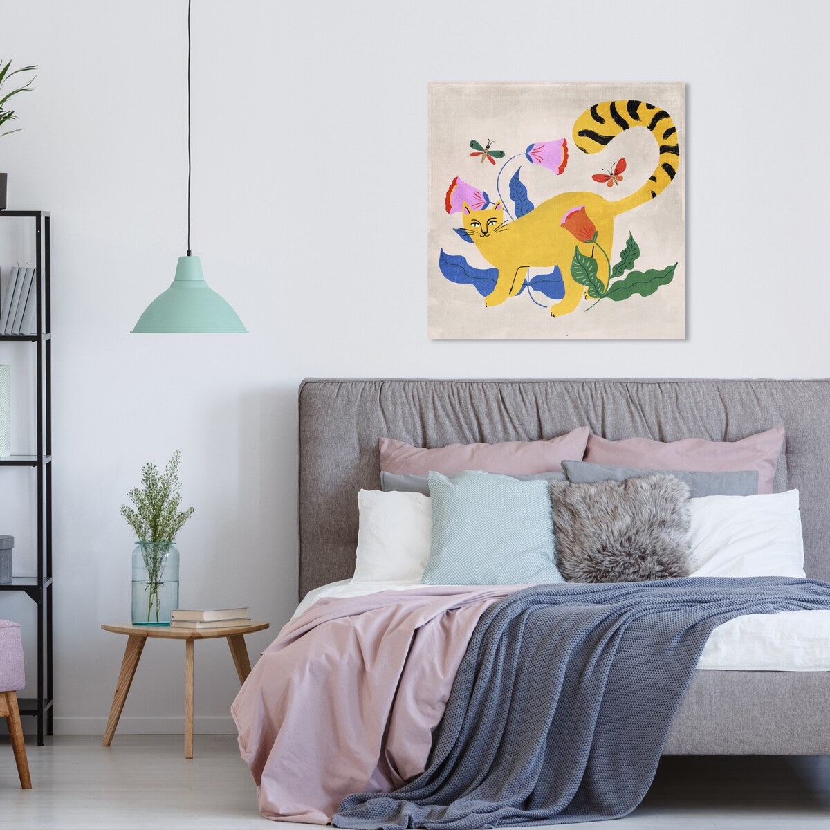 Modern Yellow Floral Kitten Butterfly Canvas Wall Art Print - Blonde Tabby Cat Garden Decor for Bedroom, Living Room & Nursery | Home Wall Decorations