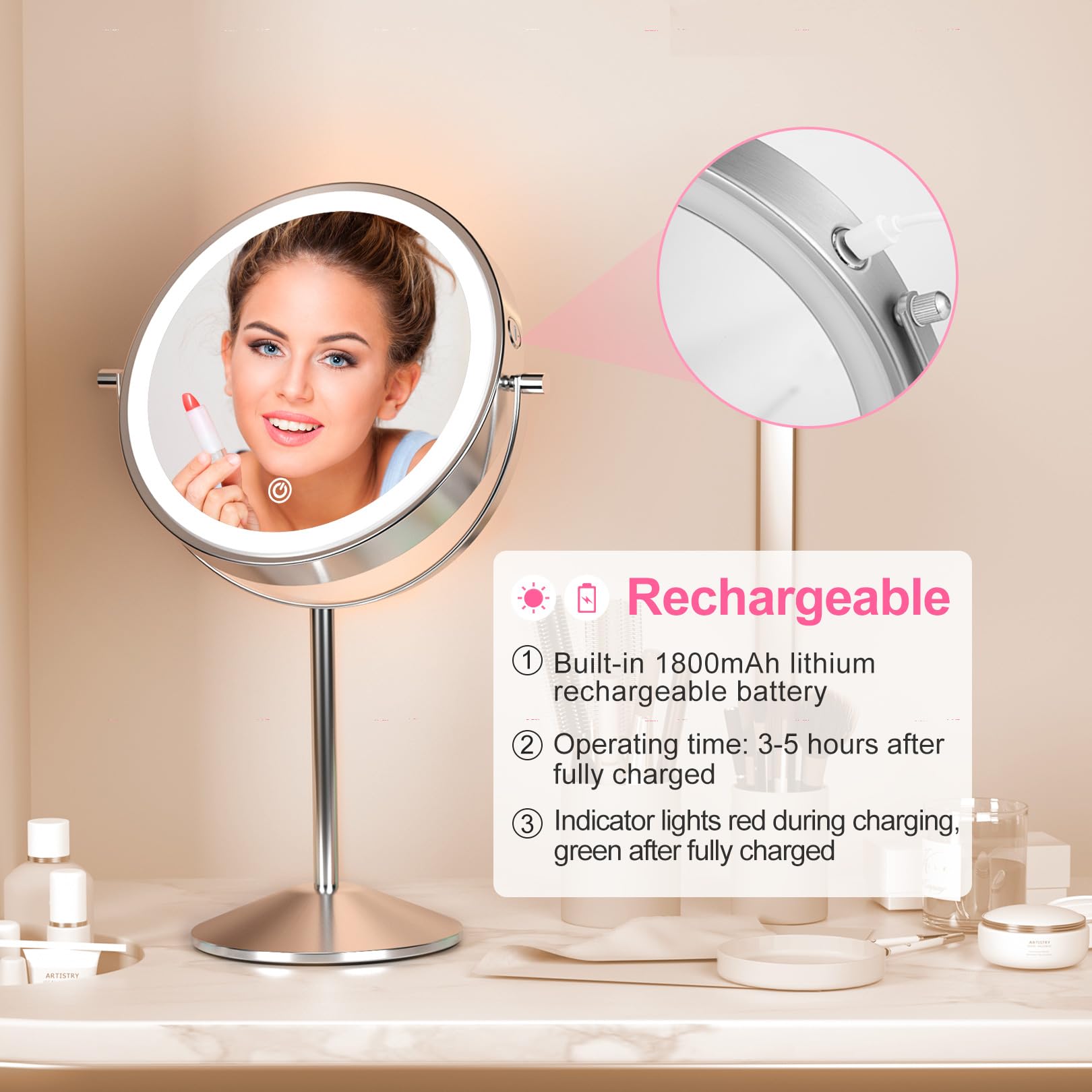 LOVESPEJO 10X Magnifying Makeup Mirror with LED Lights - Rechargeable, Adjustable Brightness, Chrome Finish for Vanity, Bathroom & Travel