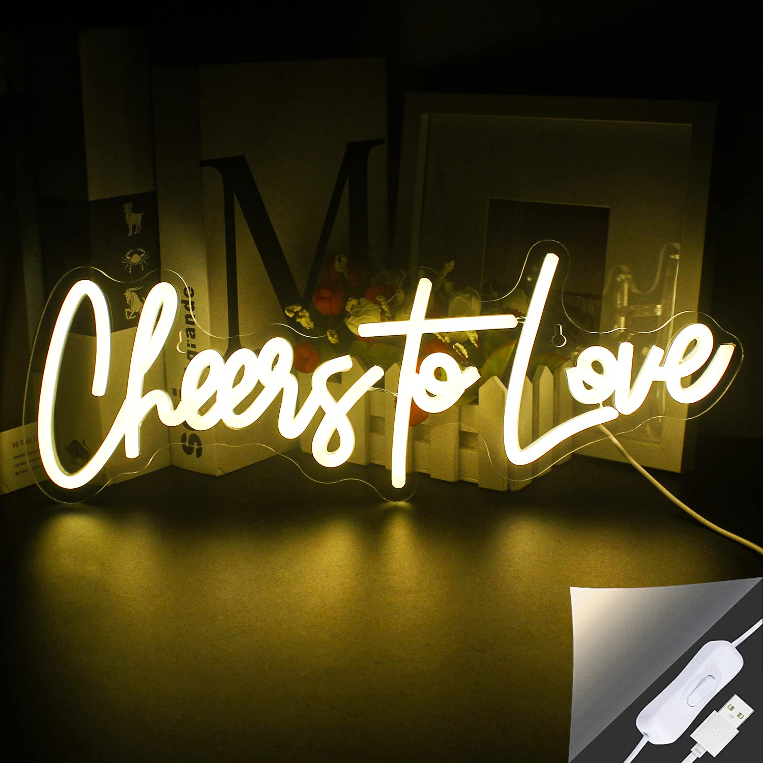 Lucunstar Cheers to Love Neon Sign - Warm White LED Wall Decor for Wedding, Bedroom & Party - USB Powered Romantic Light Sign (16.5