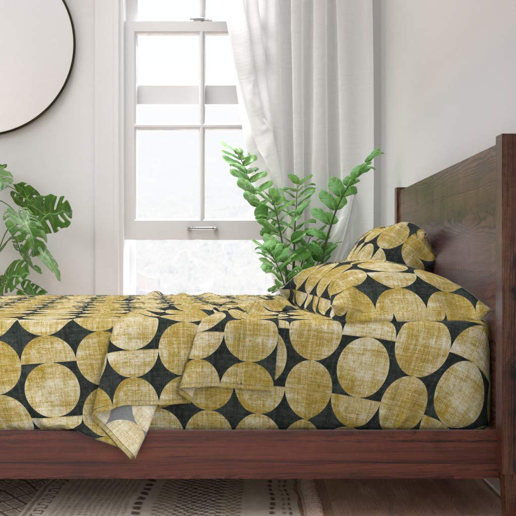 100% Cotton Twin Sheet Set - 3pc Moon Gold Dots Celestial Astronomy Print Bedding | Soft Breathable Sheets for Kids Room, Dorm, Guest Bed & Space Themed Decor