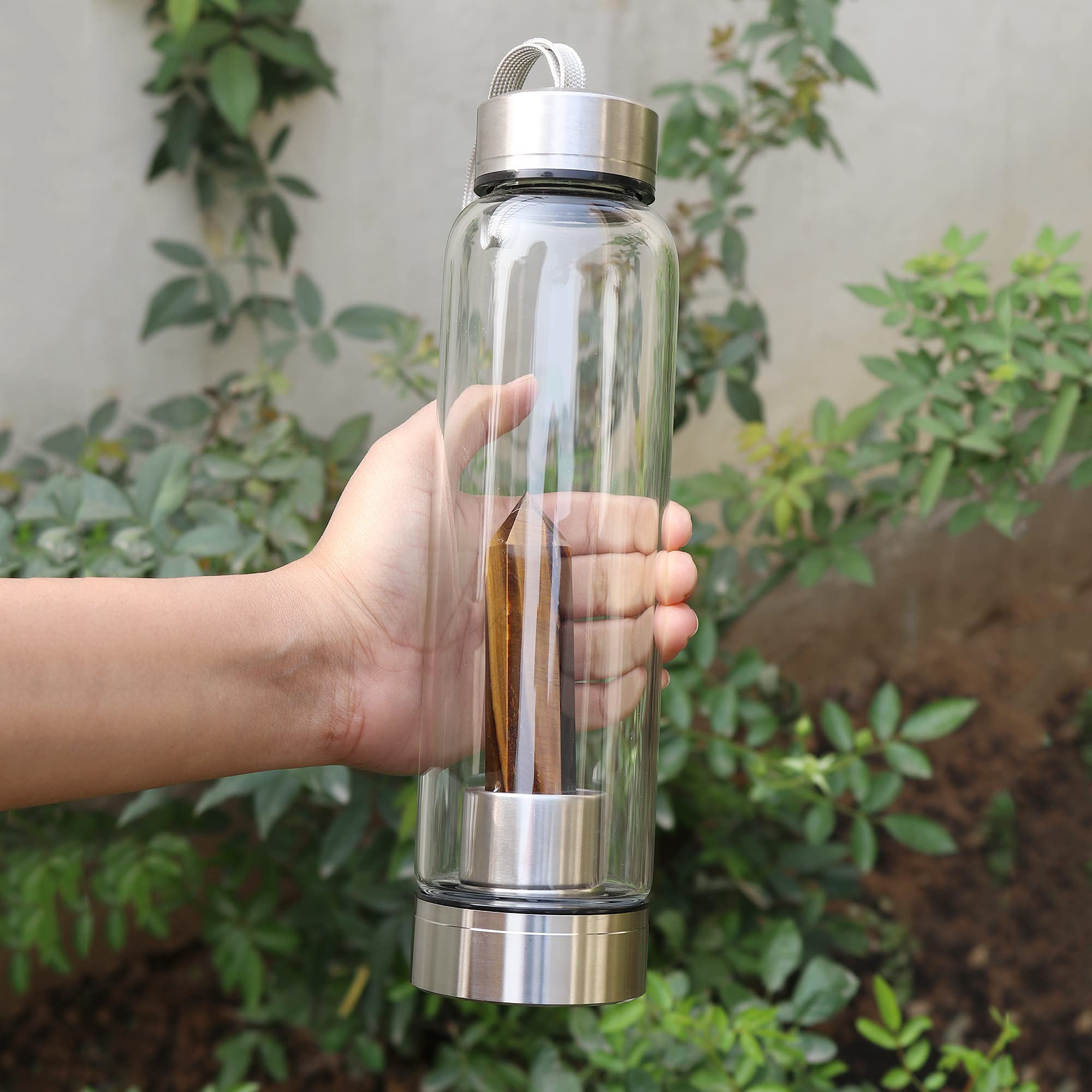 GEMHUB Crystal Glass Water Bottle with Natural Gemstone Center - Tiger Eye Healing Wand for Positive Energy, Chakra Balancing & Spiritual Wellness | Perfect for Yoga, Meditation, Reiki & Daily Hydration