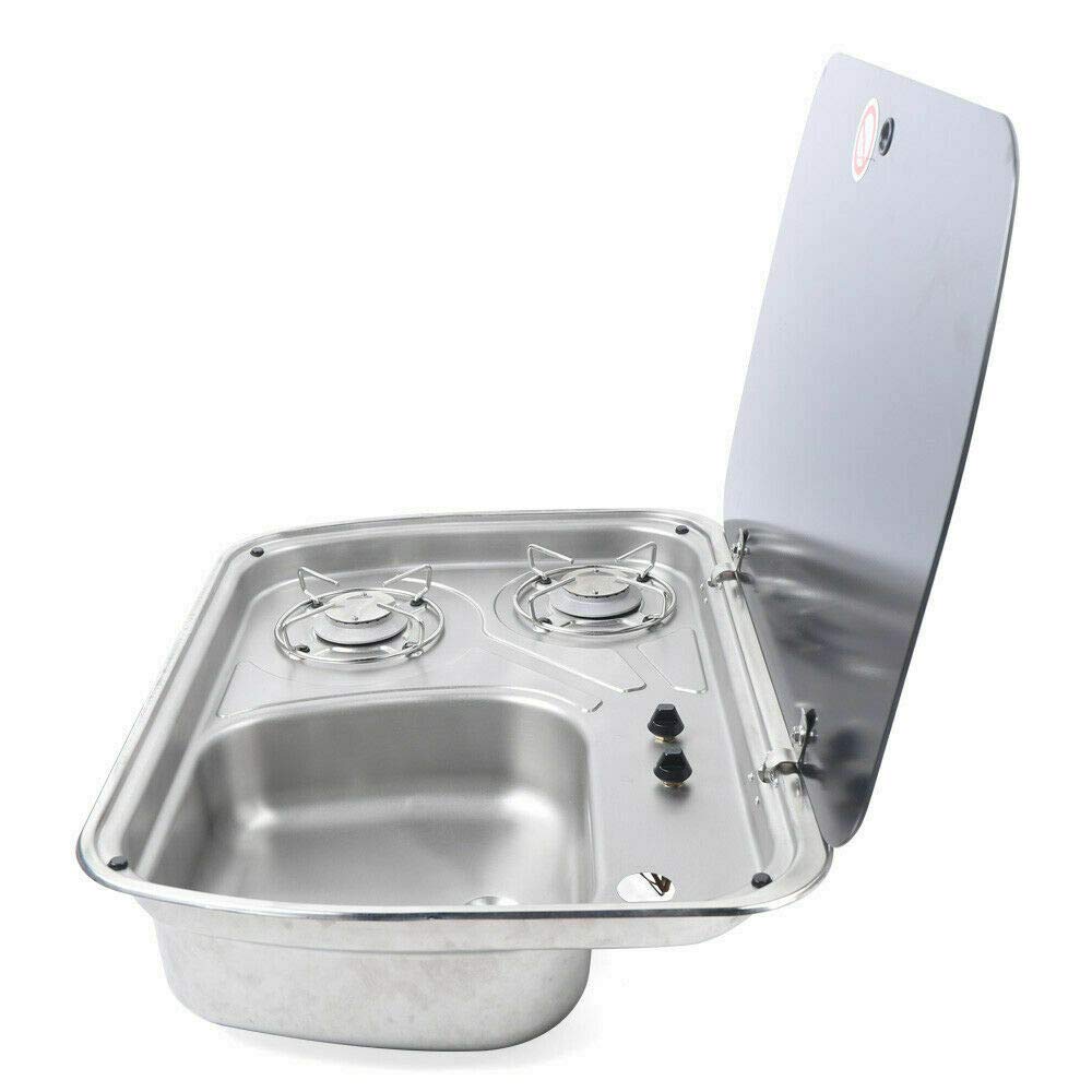 Portable 2 Burner Gas Stove with Sink Combo for RV, Camper, Boat - LPG Powered with Glass Lid (GR-588, Faucet Not Included) - Perfect for Outdoor Cooking & Camping Trips