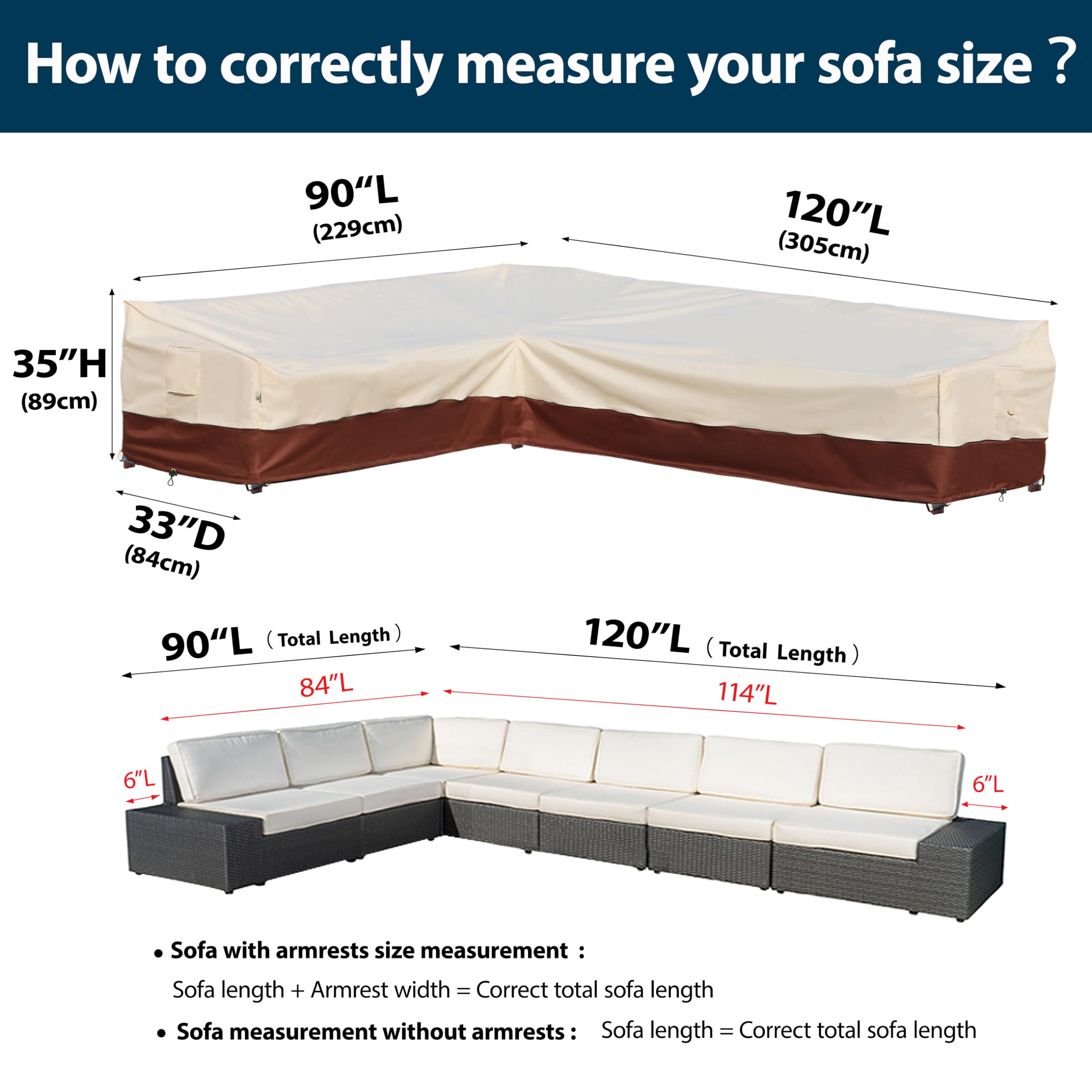 **Waterproof 600D Heavy Duty Outdoor Sectional Sofa Cover - L-Shaped Left Facing (90''X120'') - UV Resistant & Rip-Stop Patio Furniture Cover with Air Vents for Garden, Deck, and Backyard Protection**