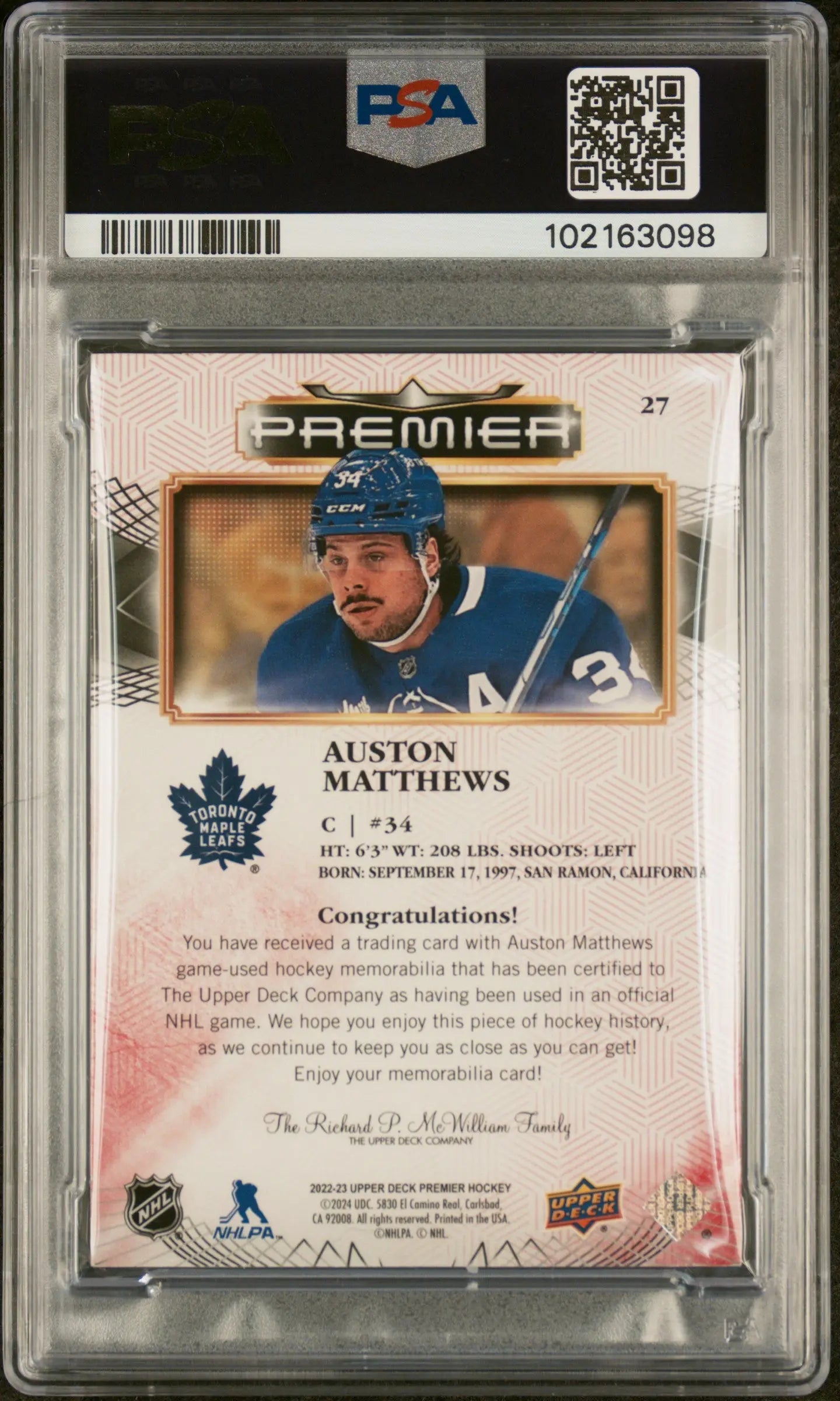 2022 Upper Deck Premier Auston Matthews Jersey Lace Gold Foil PSA 9 1/5 Rare Hockey Trading Card - Perfect for Collectors, Sports Memorabilia Enthusiasts & NHL Fans