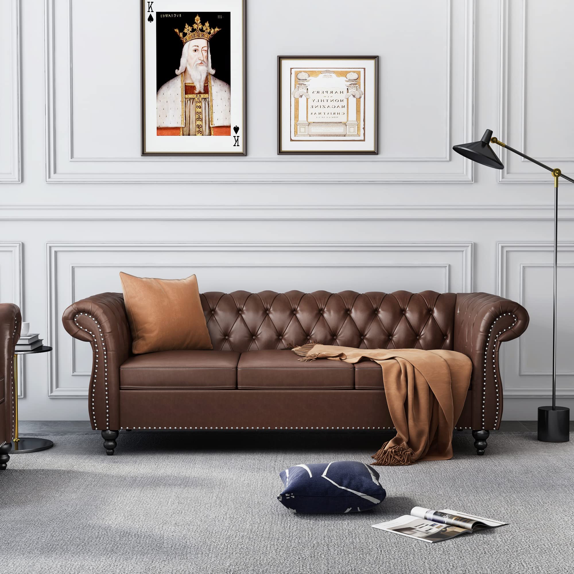 2-Piece Chesterfield Leather Sofa and Loveseat Set with Scroll Arms & Nailhead Trim - Dark Brown Living Room Furniture for Home, Office, and Lounge Areas