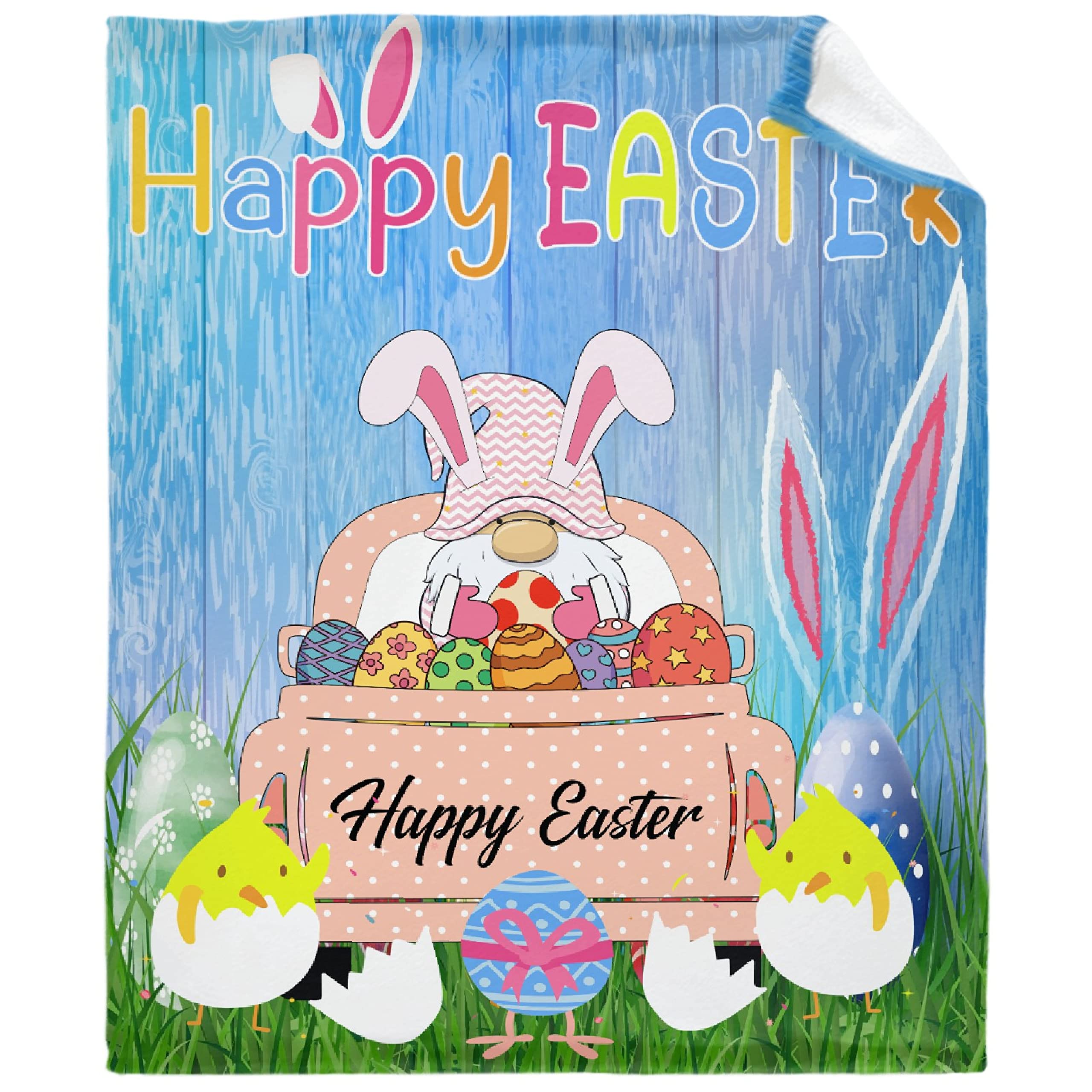 Happy Easter Bunny Fleece Blanket - Colorful Eggs Soft Cozy Throw for Women & Girls - Lightweight Flannel Pink Blanket - XL 120